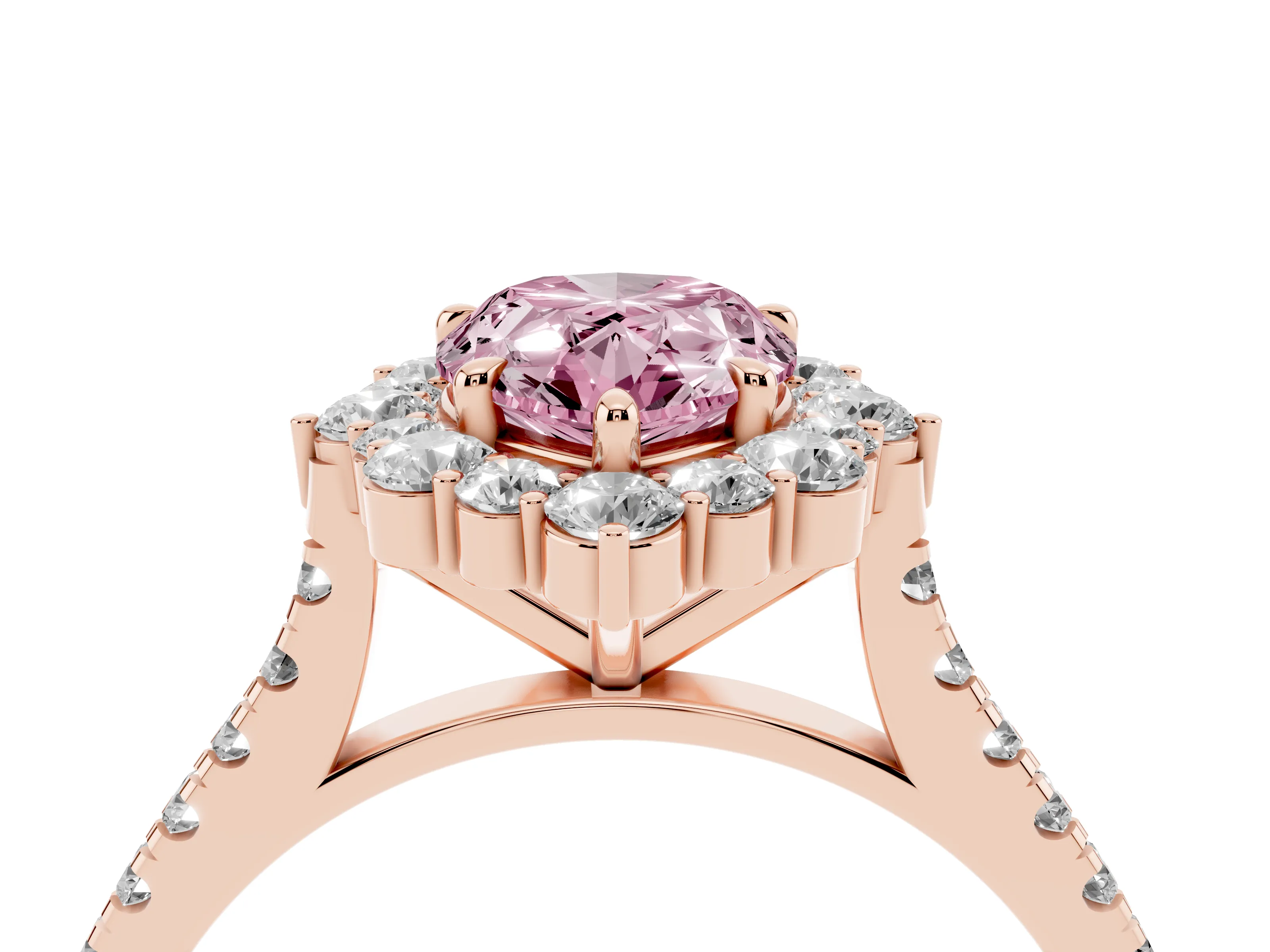 Fancy Pink Pear Cut Diamond Halo Ring Set in Rose gold with Pavé Band and Prong Setting