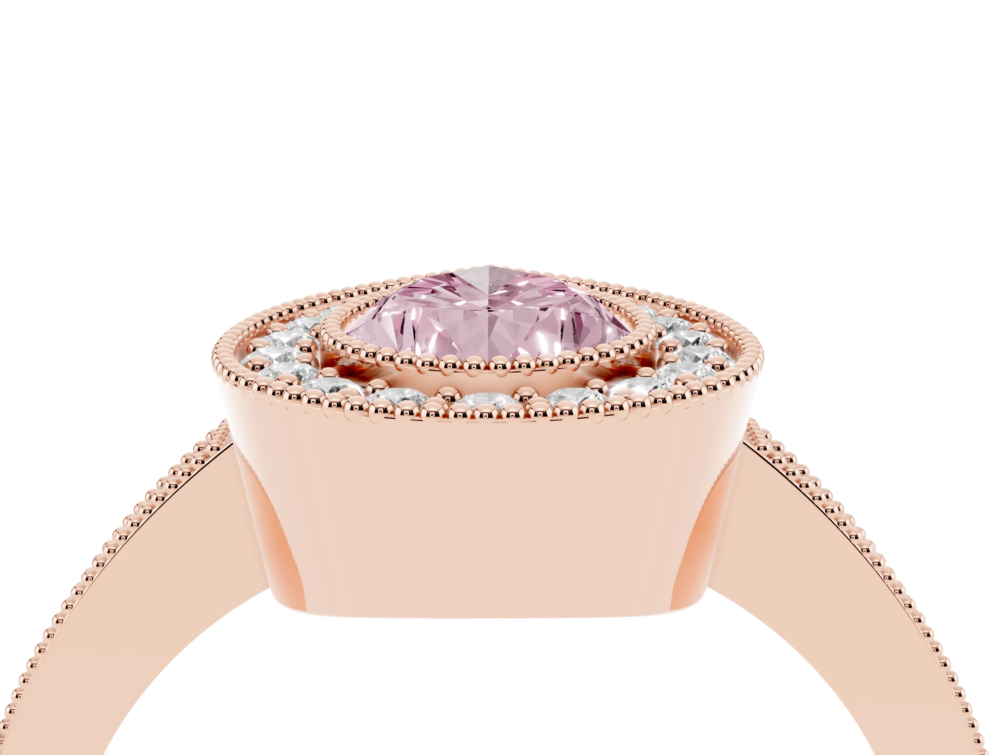 Fancy Pink Pear Cut Diamond Halo Engagement Ring Set in Rose gold with Pavé Band and Round Halo Stones