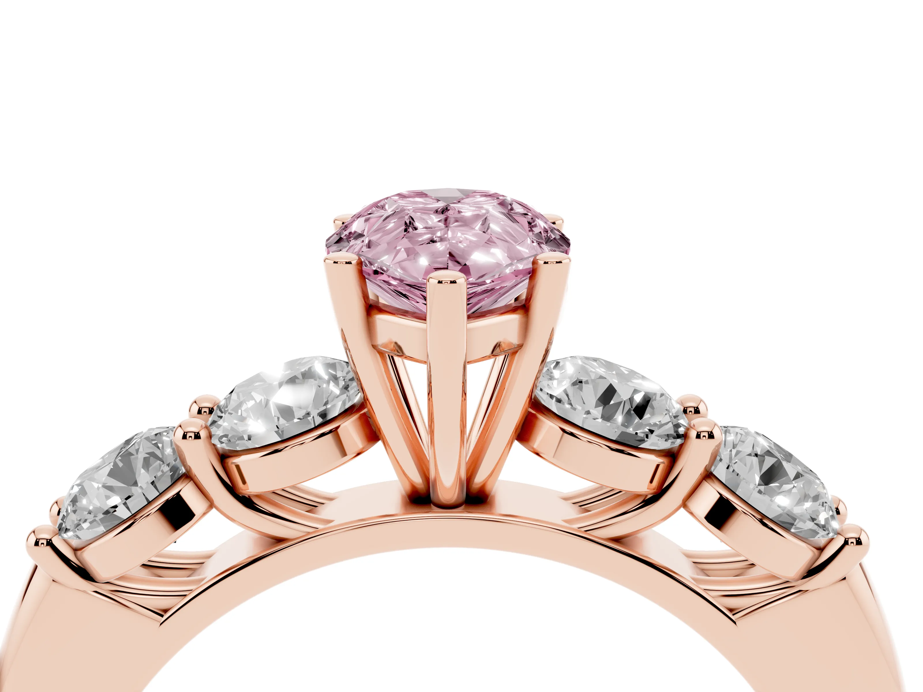 Fancy Pink Pear Cut Diamond Five-Stone Prong Set Ring Set in Rose gold with Classic Band