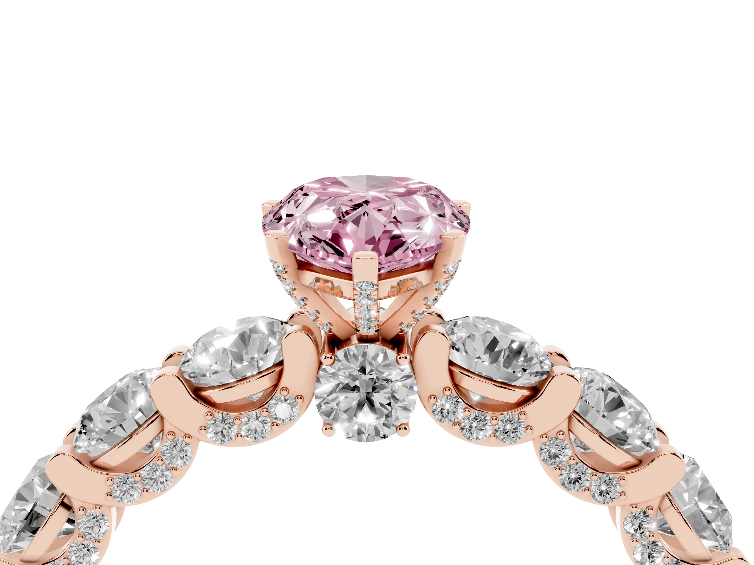 Fancy Pink Pear Cut Diamond Side Stone Ring Set in Rose gold with Alternating Round and Oval Side Stones