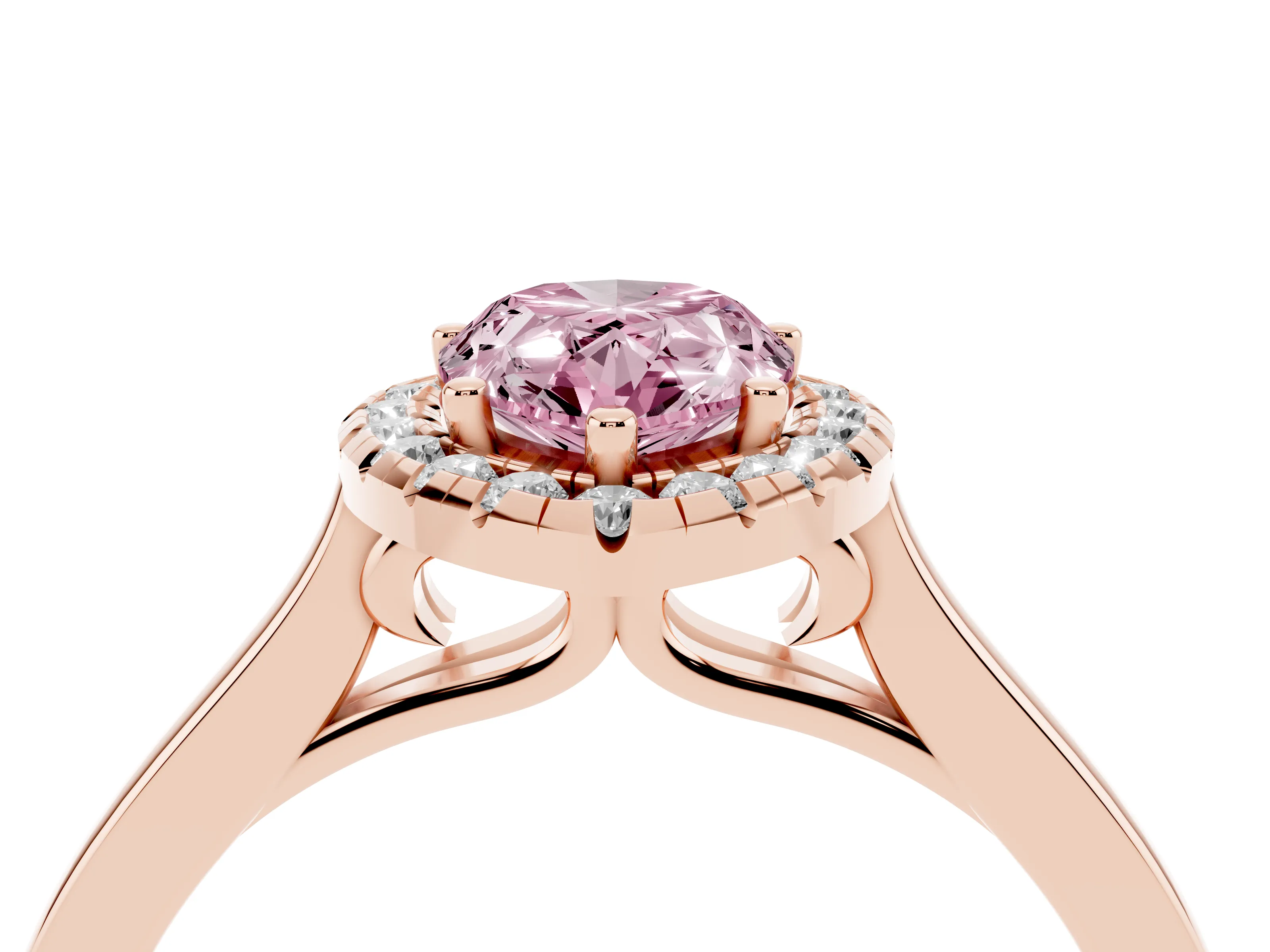 Fancy Pink Pear Cut Halo Round Diamond Solitaire Ring Set in Rose gold with Pavé Band and Prong Setting