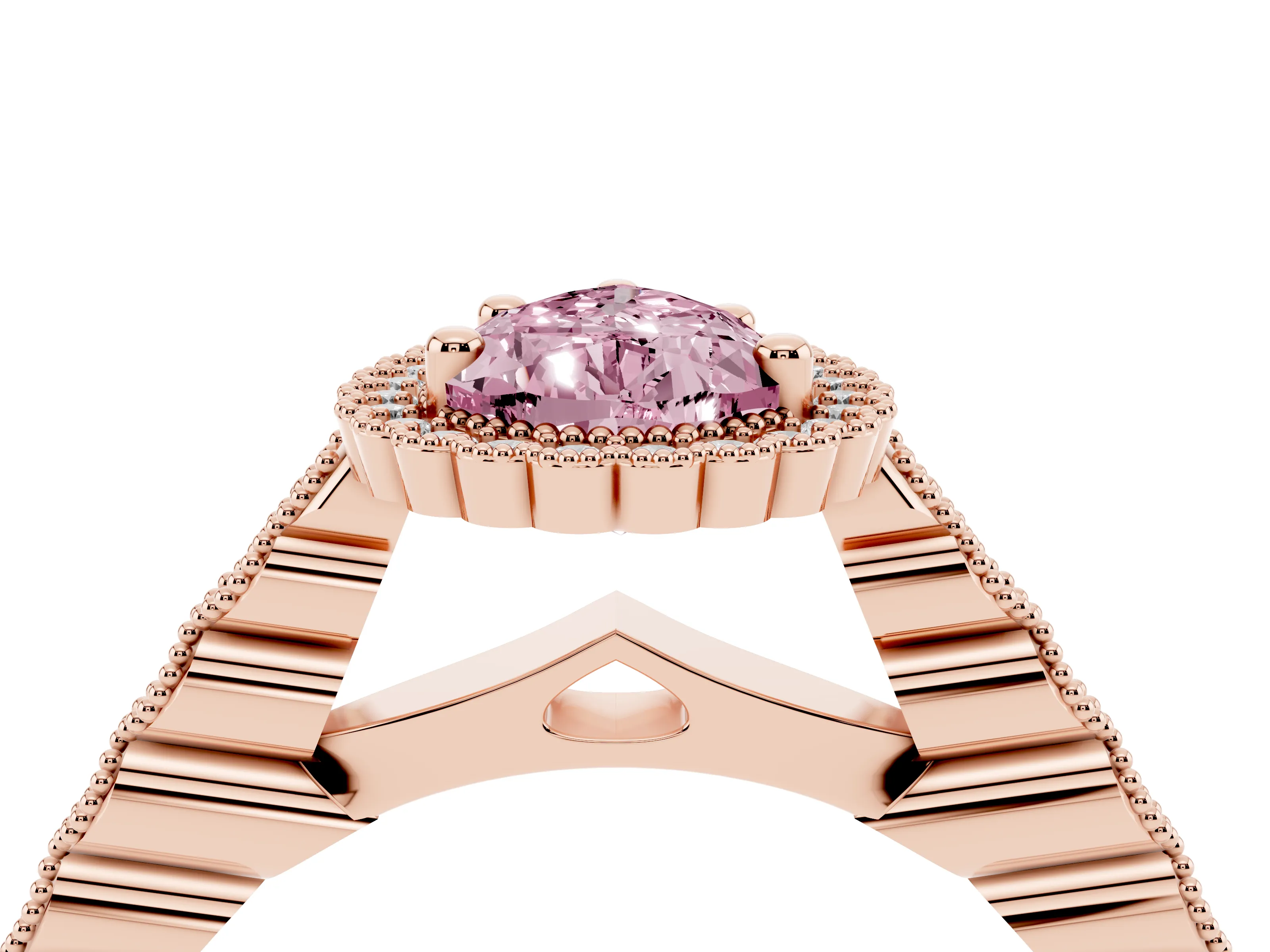 Fancy Pink Pear Cut Diamond Halo Ring Set in Rose gold with Pavé Milgrain Band