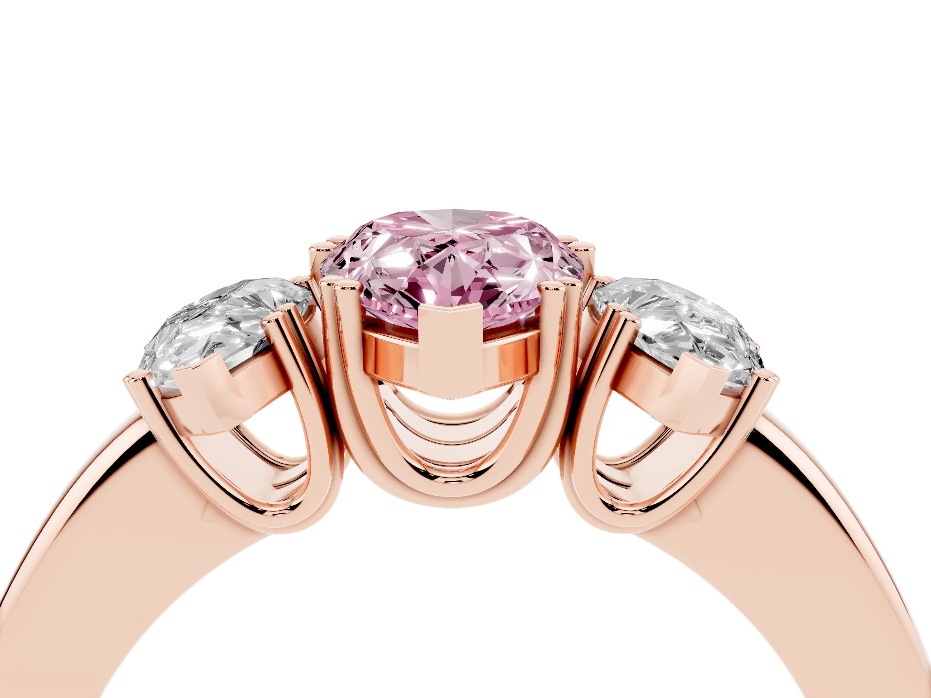 Fancy Pink Pear Cut Diamond Three-Stone Ring Set in Rose gold with Polished Channel-Set Band