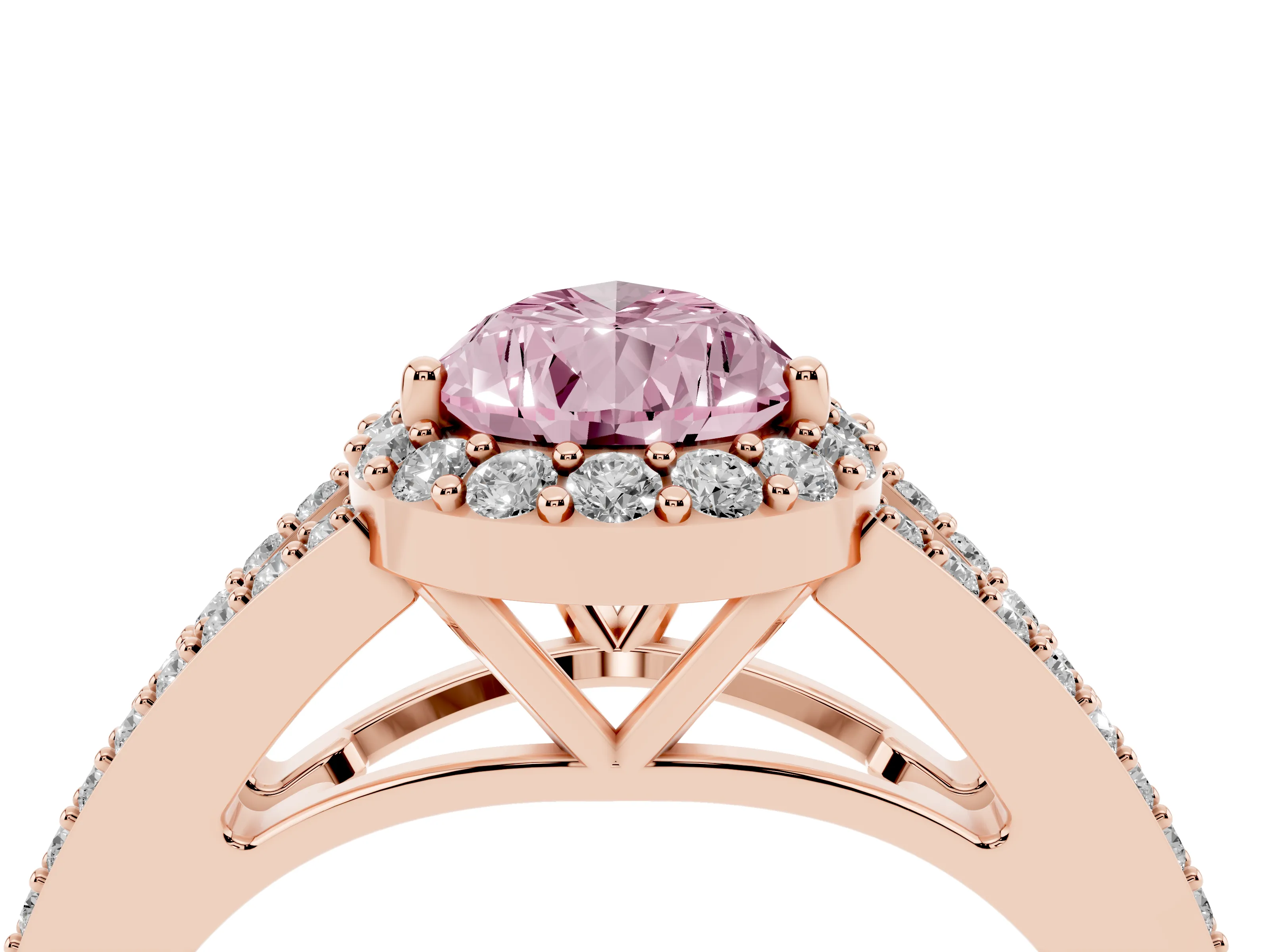 Fancy Pink Pear Cut Diamond Halo Split Shank Pavé Ring Set in Rose gold with Prong Setting