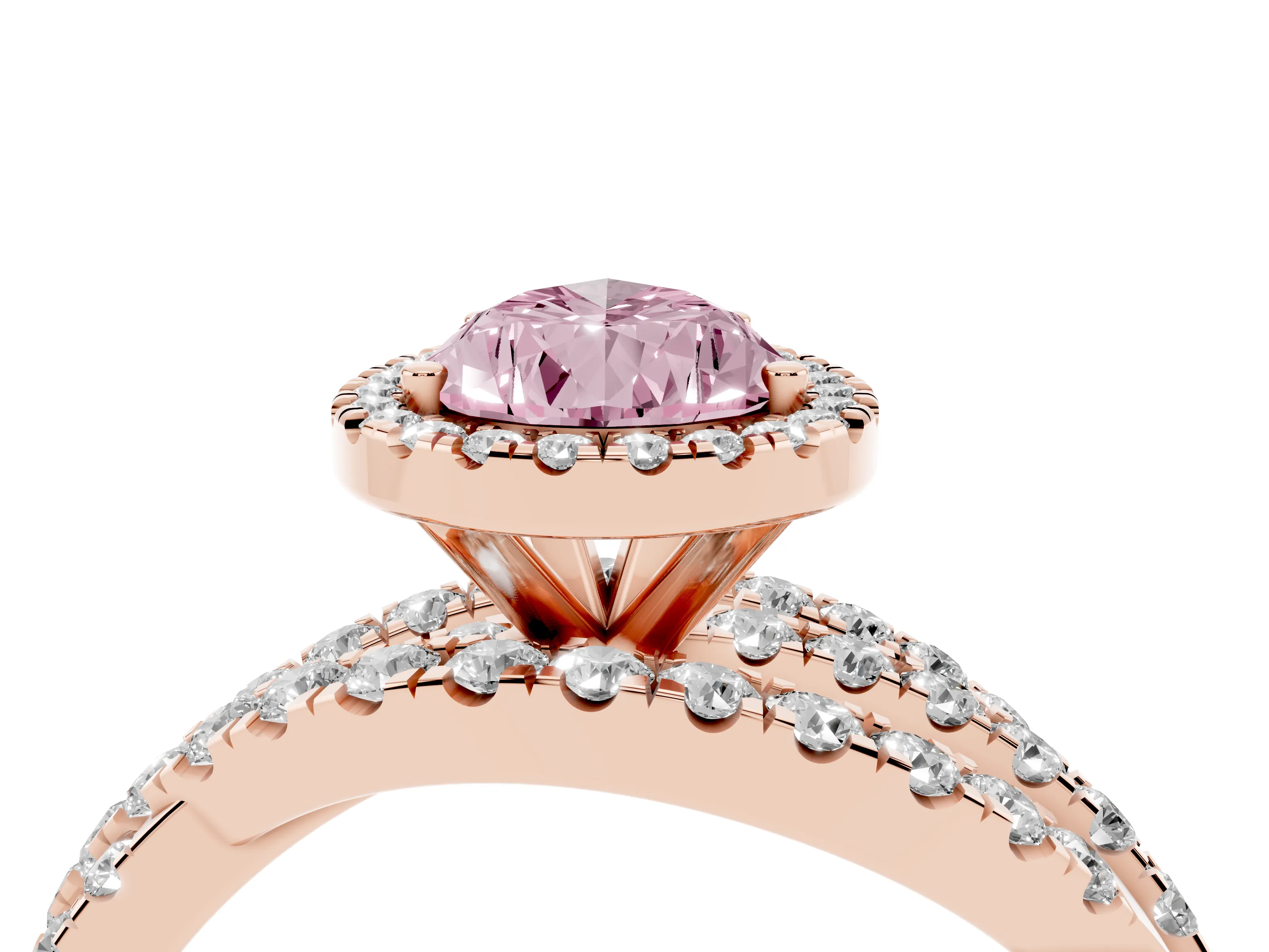 Fancy Pink Pear Cut Diamond Halo Ring Set in Rose gold with Round Crossover Split Shank and Prong Setting