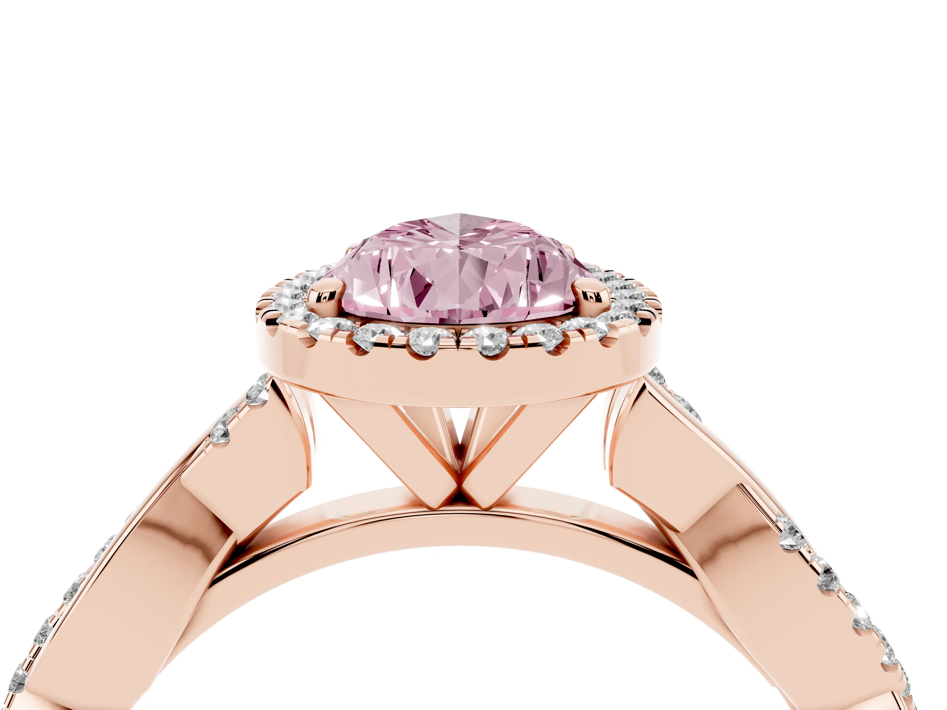 Fancy Pink Pear Cut Diamond Halo Twisted Band Ring Set in Rose gold with Prong Setting