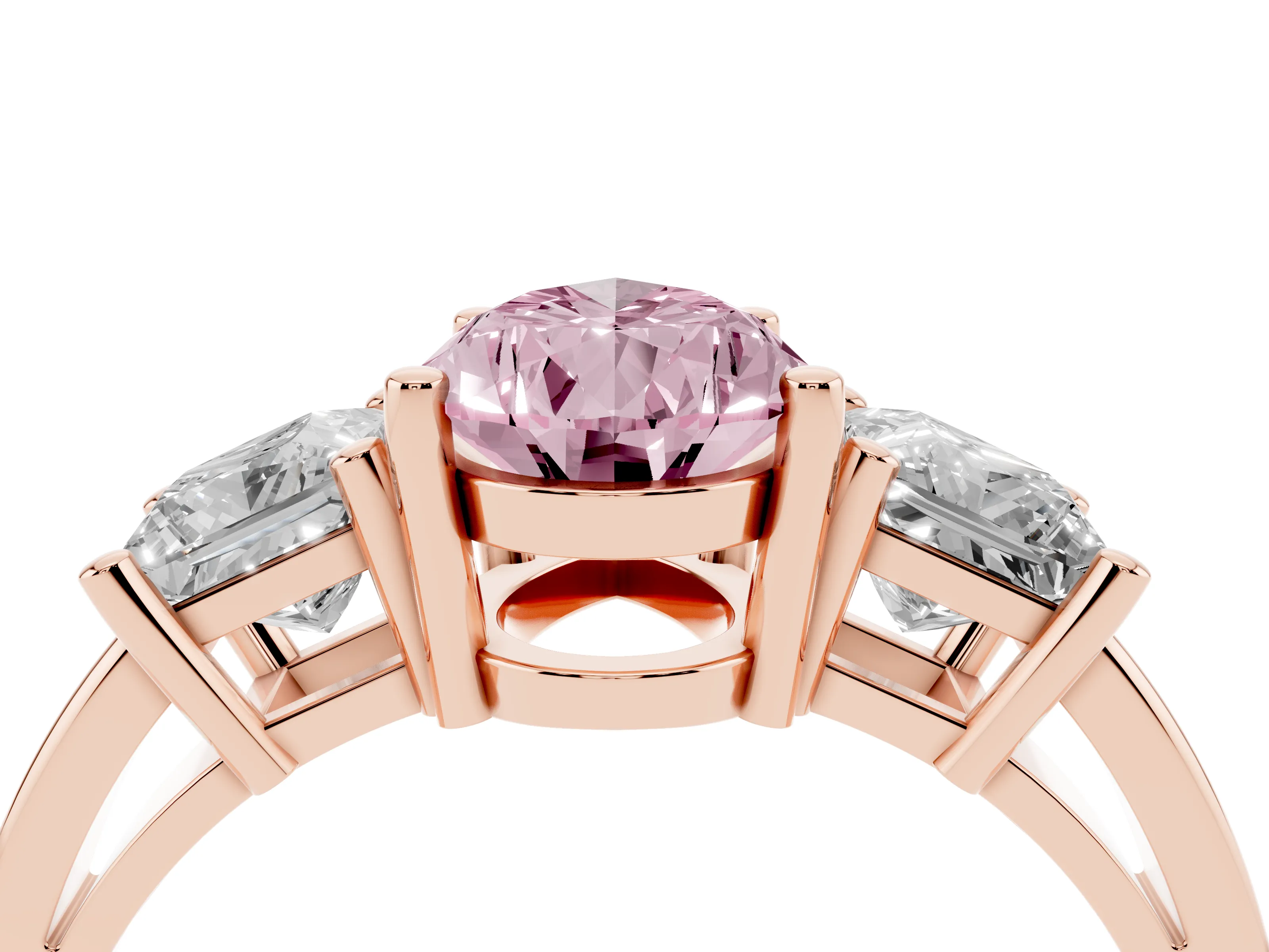 Fancy Pink Three-Stone Pear Cut Diamond Solitaire Ring Set in Rose gold with Prong Setting