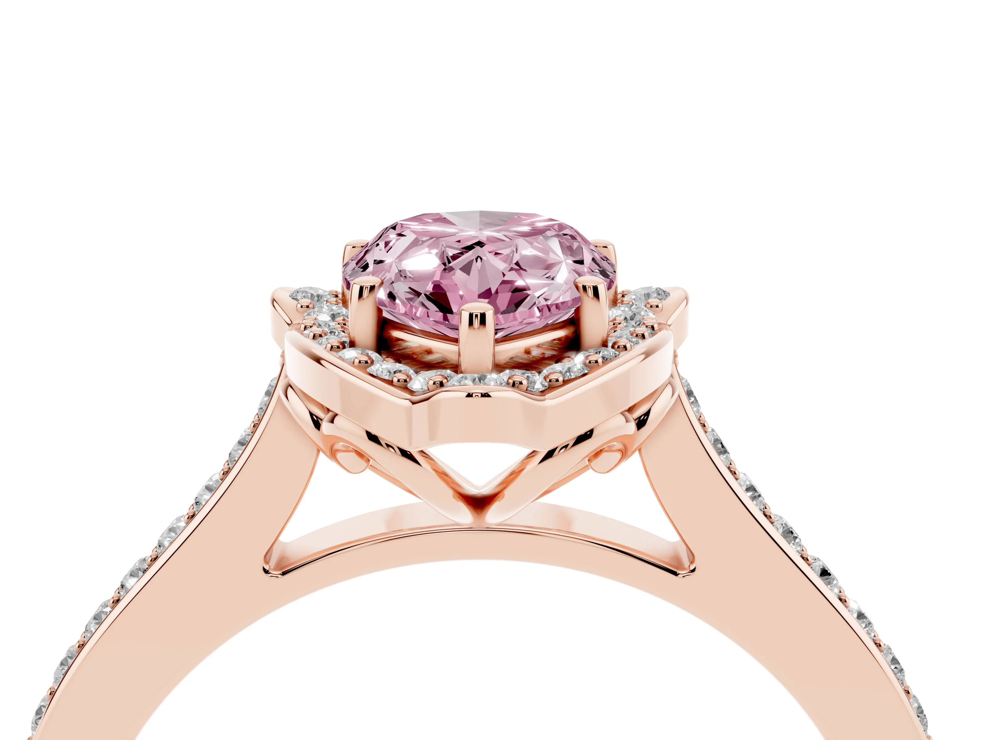 Fancy Pink Pear Cut Diamond Halo Ring Set in Rose gold with Pavé-Lined Shoulders and Prong Setting