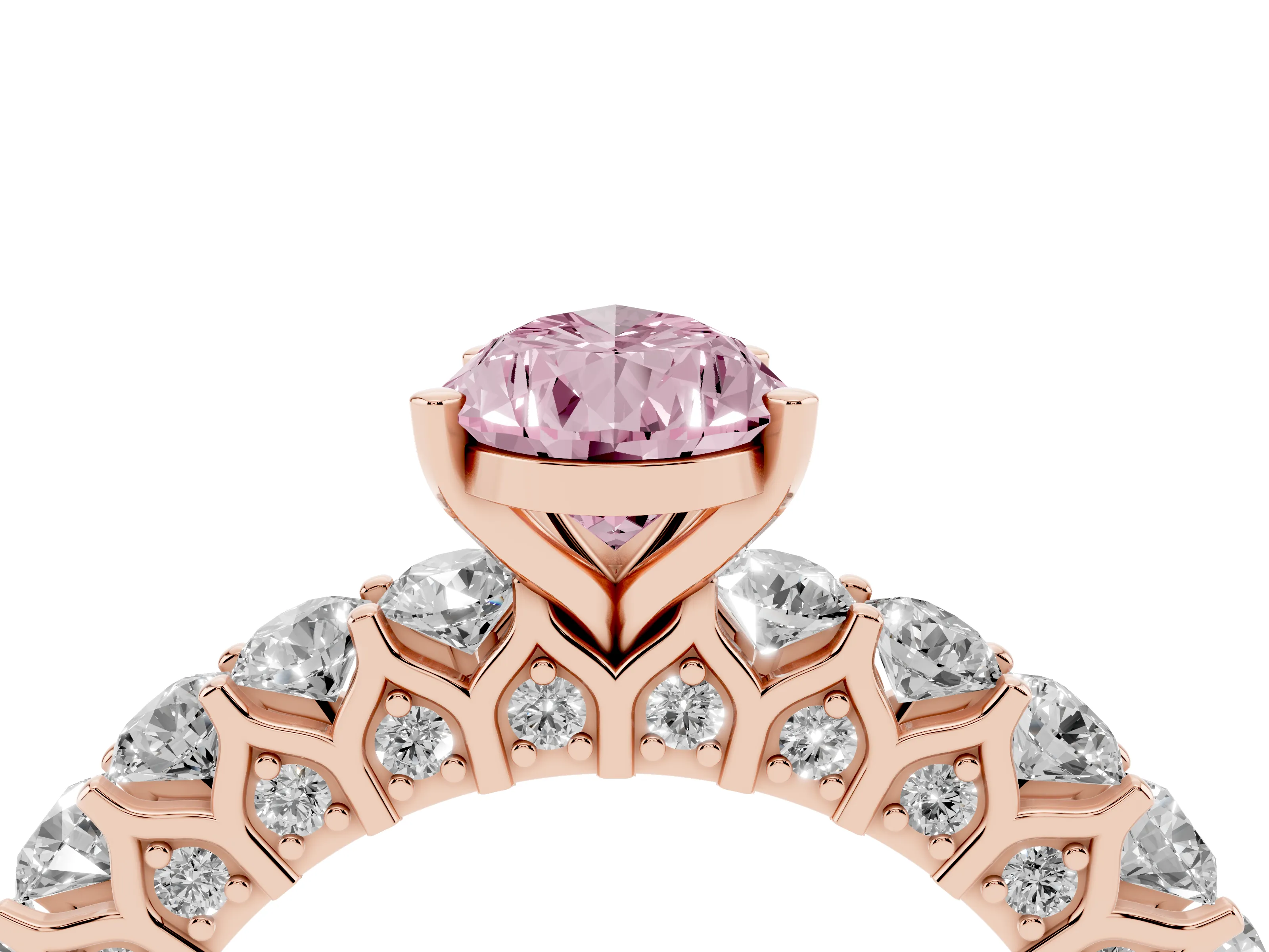 Fancy Pink Pear Cut Diamond Solitaire Ring Set in Rose gold with Shared Prong Pavé Band