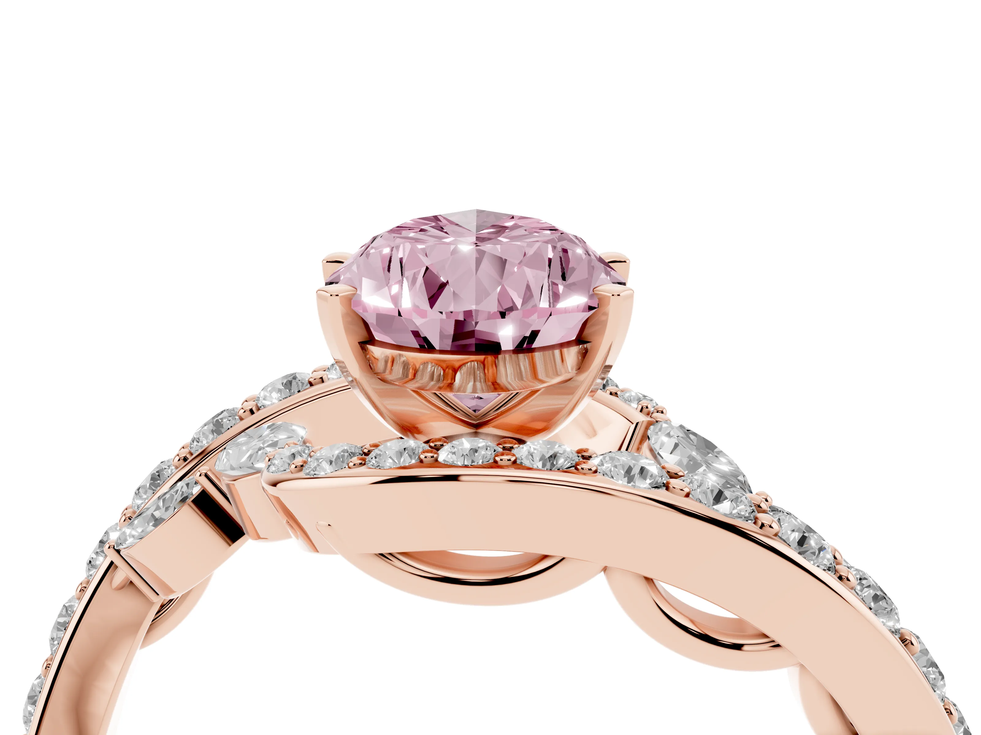 Fancy Pink Pear Cut Diamond Solitaire Ring Set in Rose gold with Pavé Twist Band and Secure Prong Setting