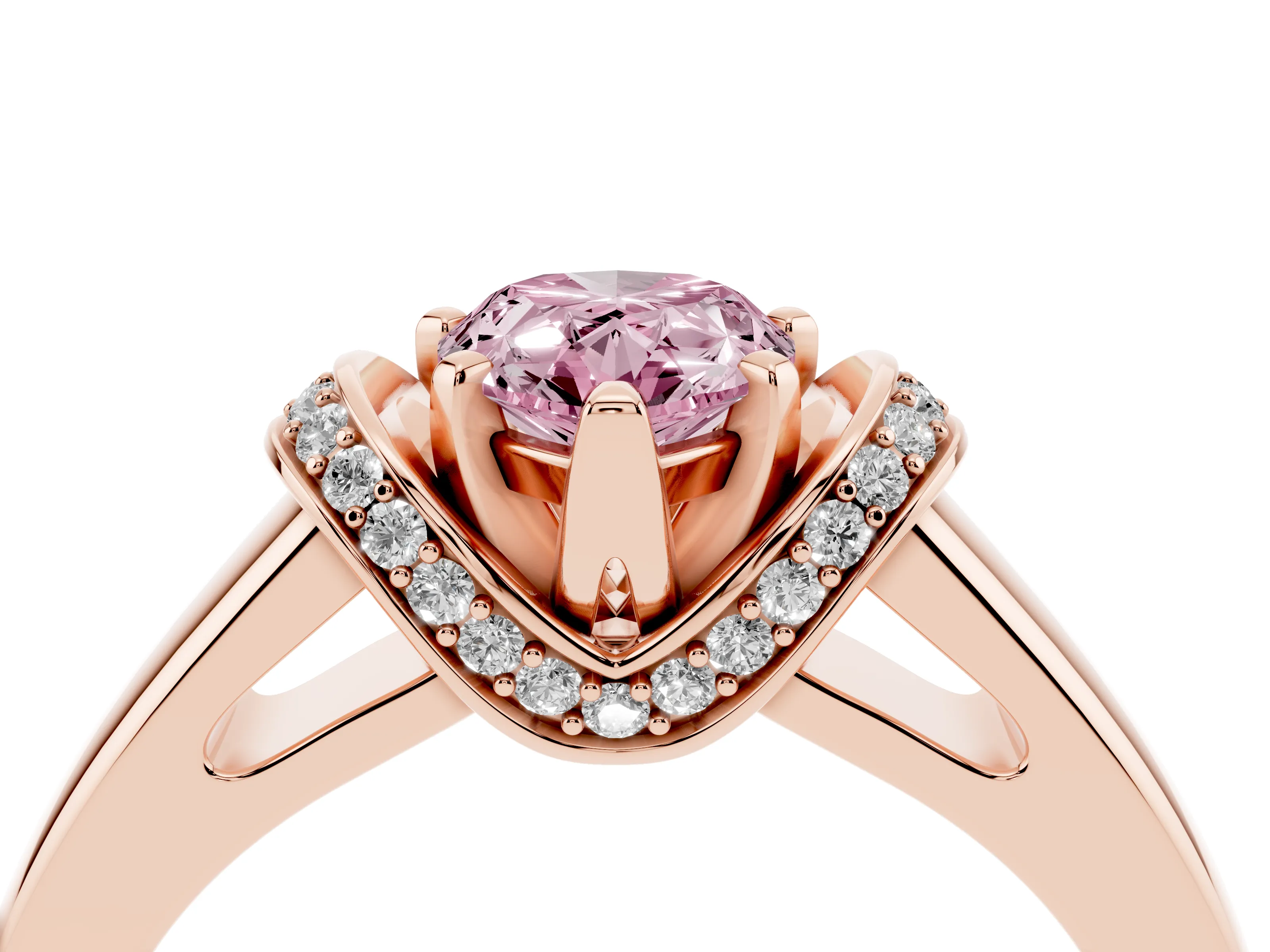 Fancy Pink Pear Cut Diamond Pavé Band Solitaire Ring Set in Rose gold with Prong Setting