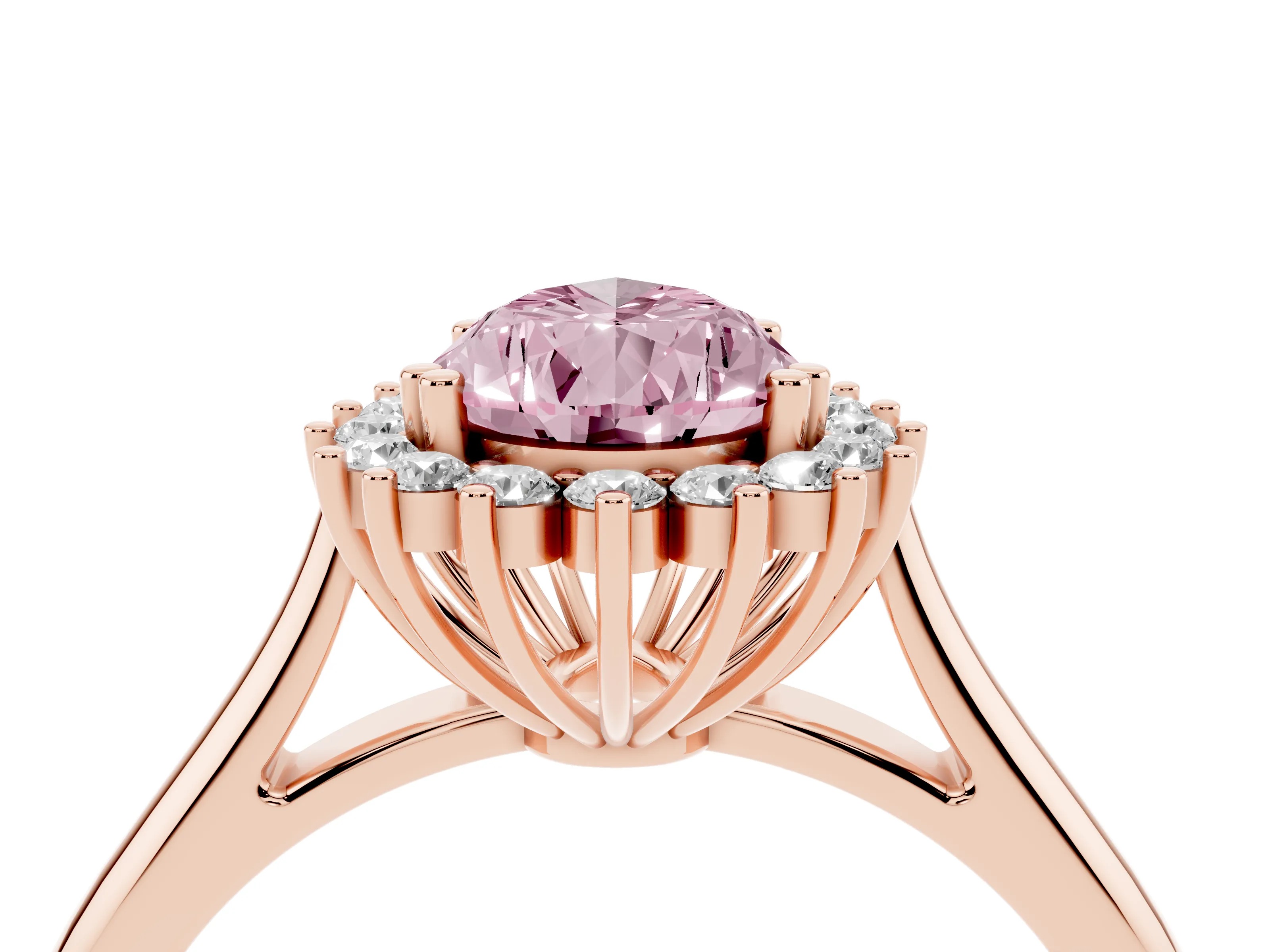 Fancy Pink Pear Cut Diamond Halo Ring Set in Rose gold with Plain Solitaire Band and Prong Setting