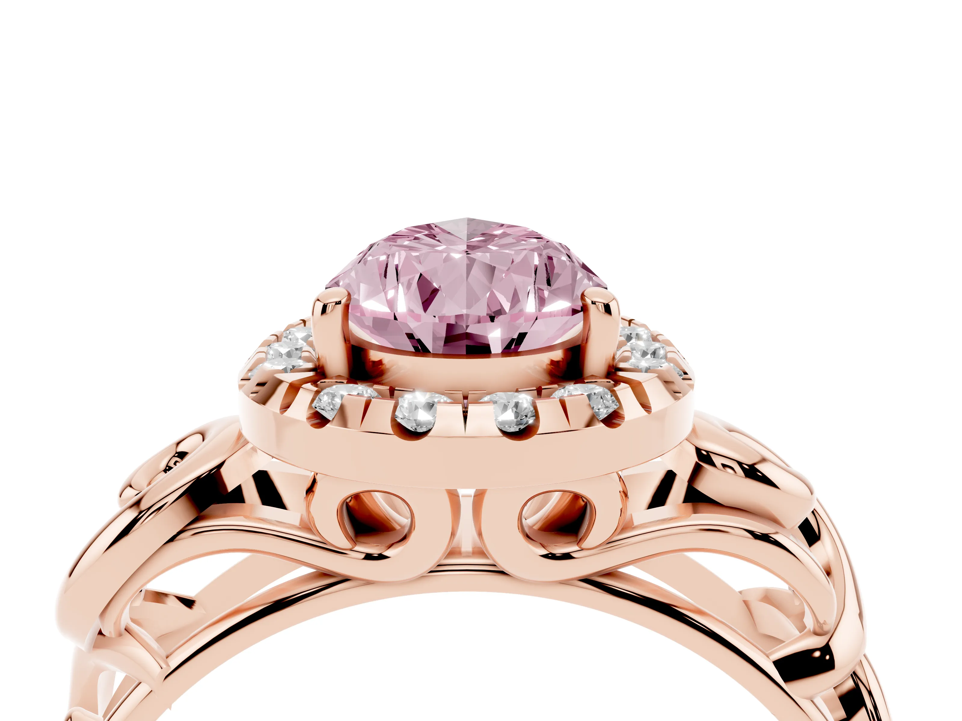 Fancy Pink Pear Cut Diamond Halo Ring Set in Rose gold with Scrollwork Band and Prong Setting