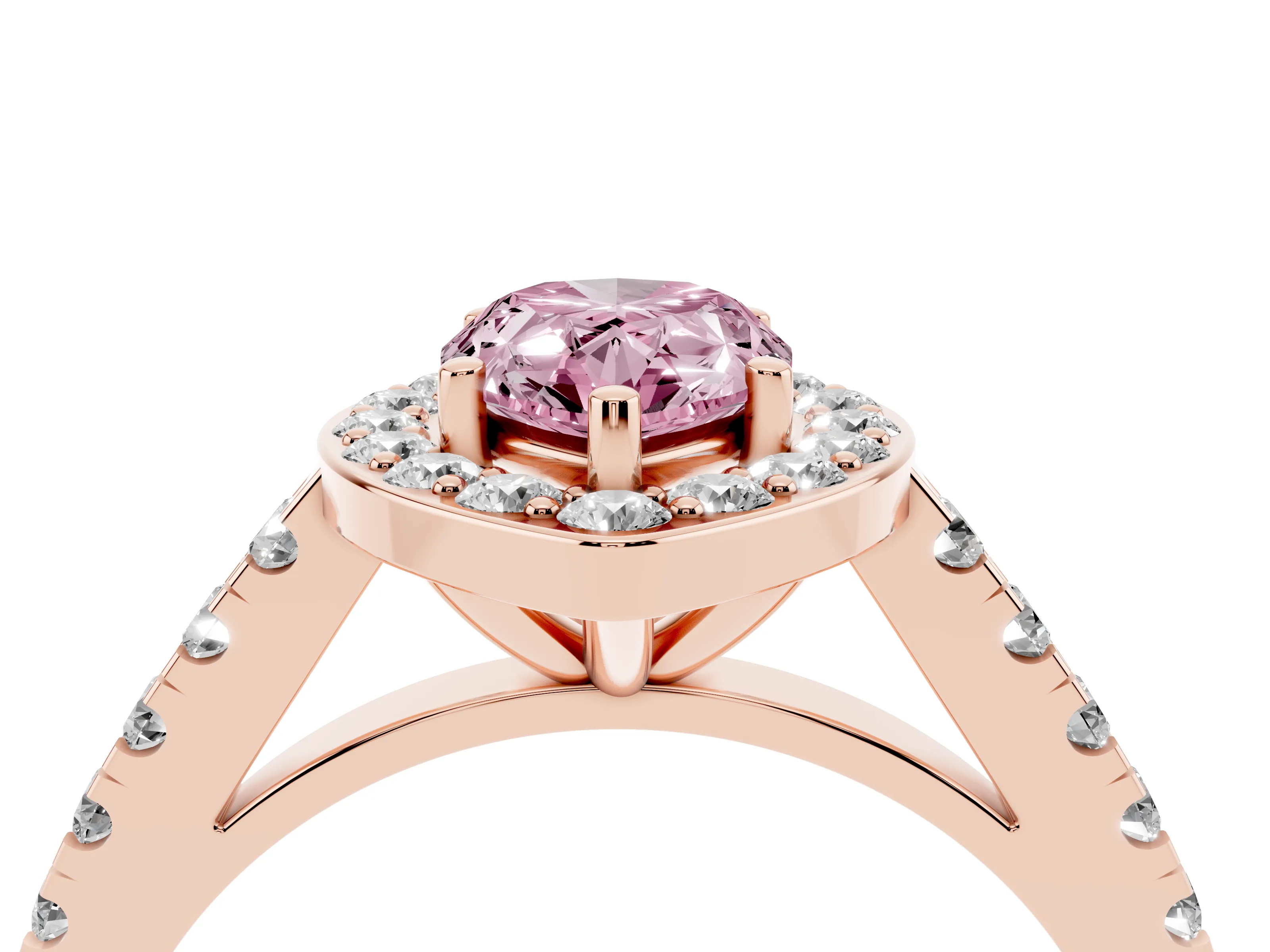 Fancy Pink Pear Cut Diamond Halo Ring Set in Rose gold with Round Pavé Split Shank and Prong Setting