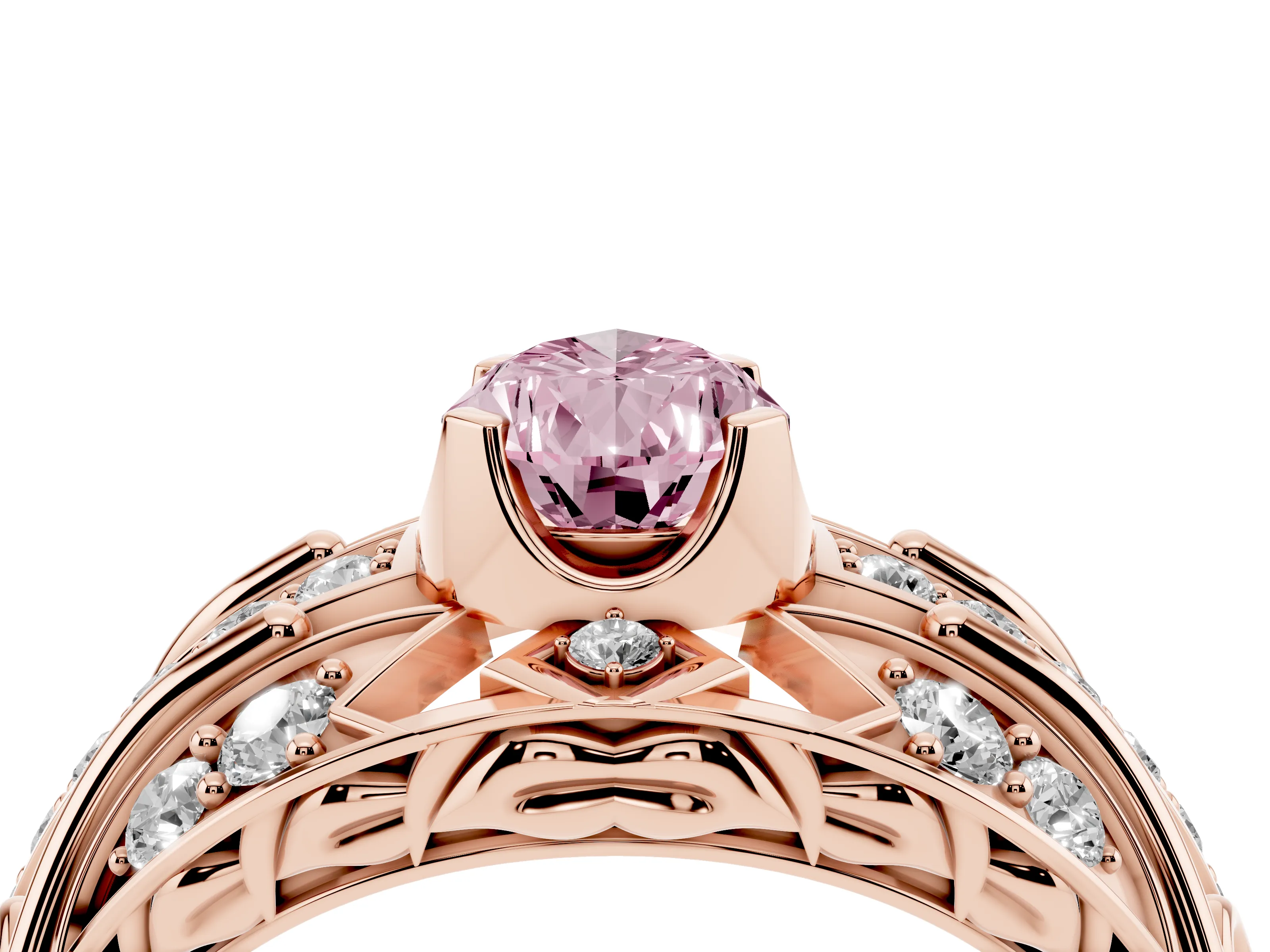 Fancy Pink Pear Cut Diamond Art Deco Ring Set in Rose gold with Pavé Split Shank