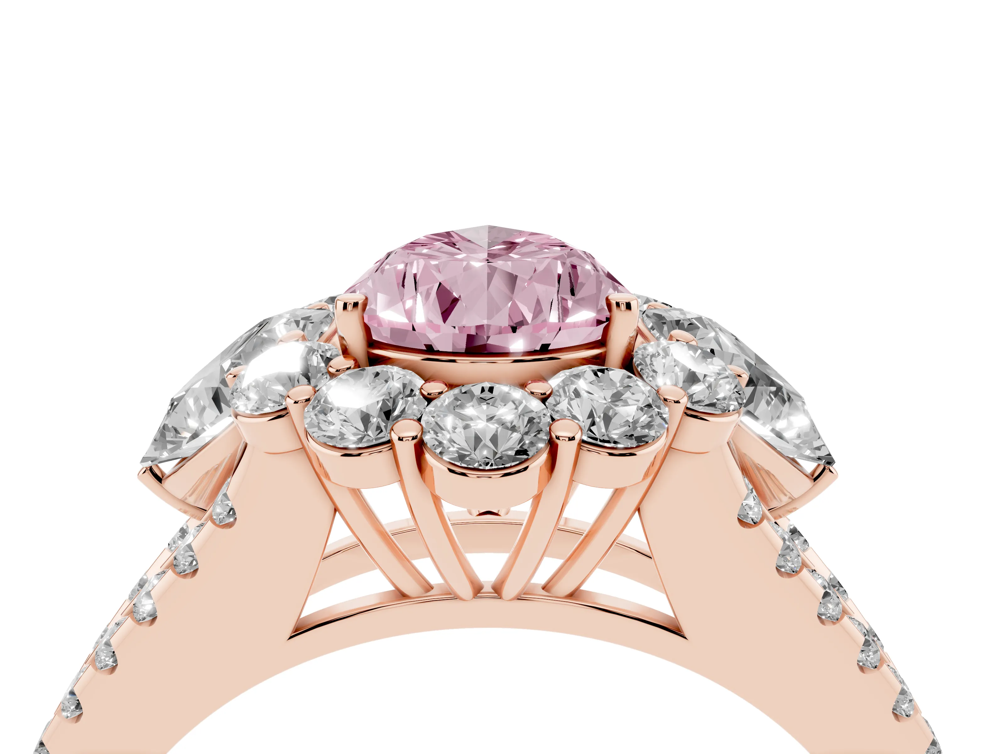 Fancy Pink Pear Cut Diamond Halo Split Shank Engagement Ring Set in Rose gold with Prong-Held Center Stone