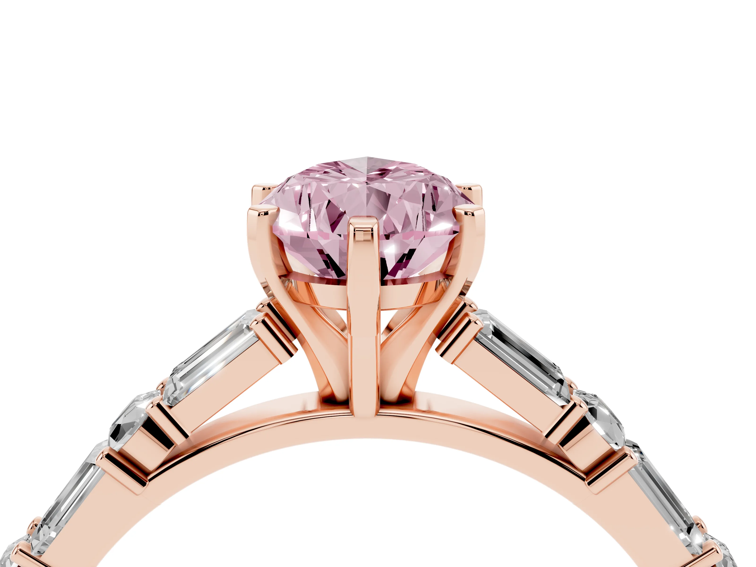 Fancy Pink Pear Cut Diamond Solitaire Set in Rose gold with Side Baguettes and Channel Set Band