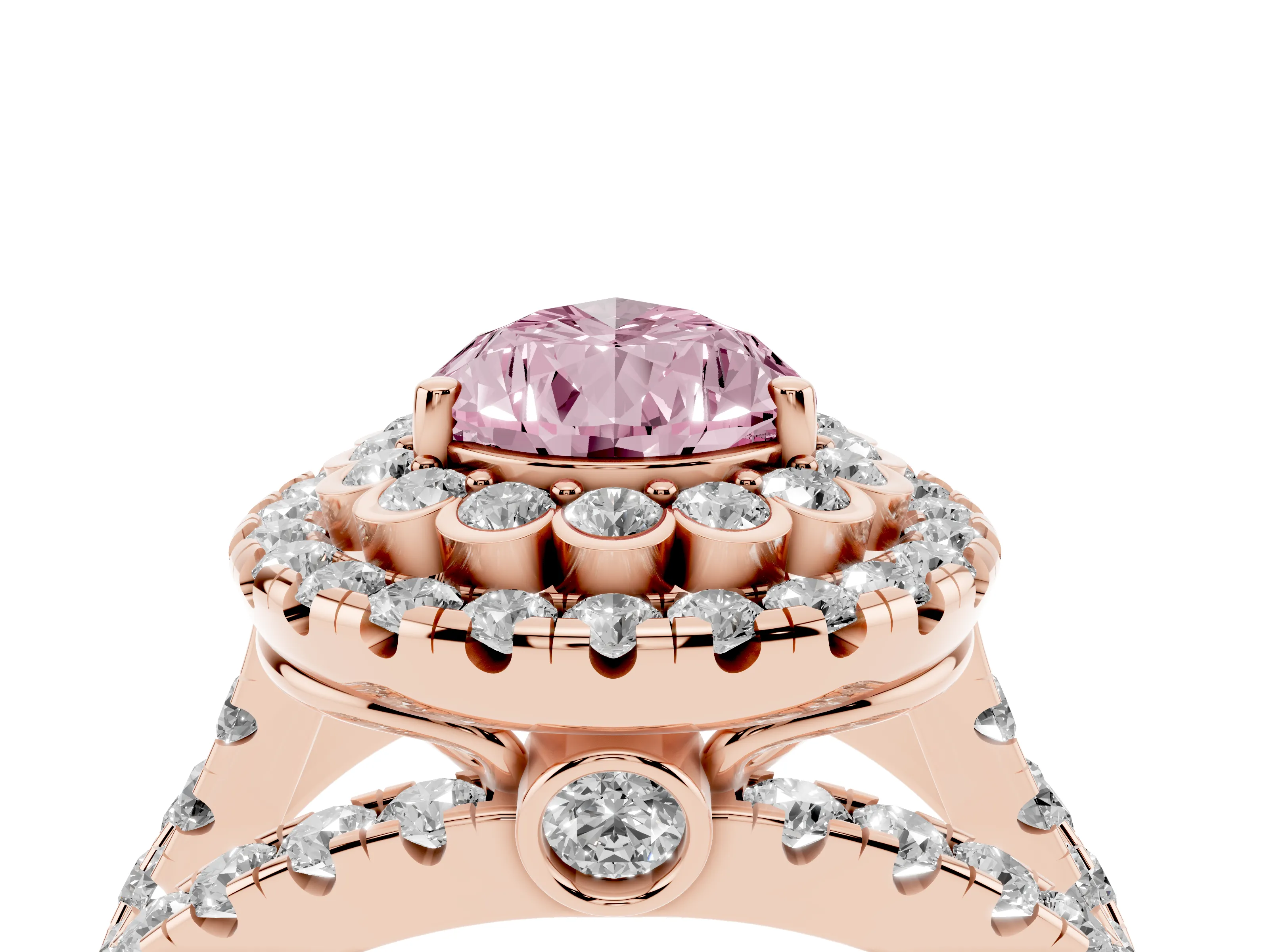 Fancy Pink Pear Cut Diamond Double Halo Ring Set in Rose gold with Round Pavé Split Shank