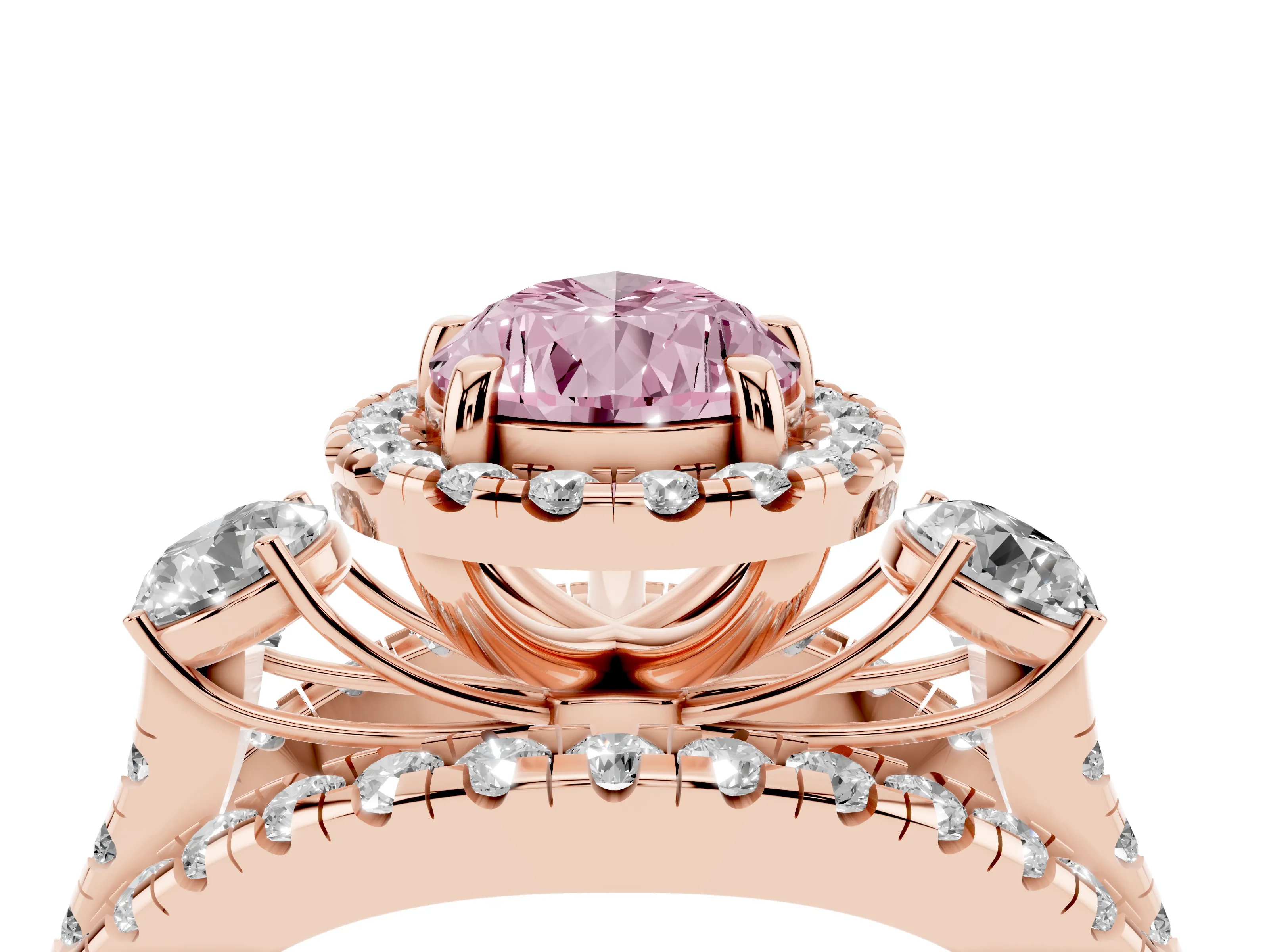 Fancy Pink Pear Cut Diamond Halo Split Shank Ring Set in Rose gold with Round Accent Stones and Prong Setting