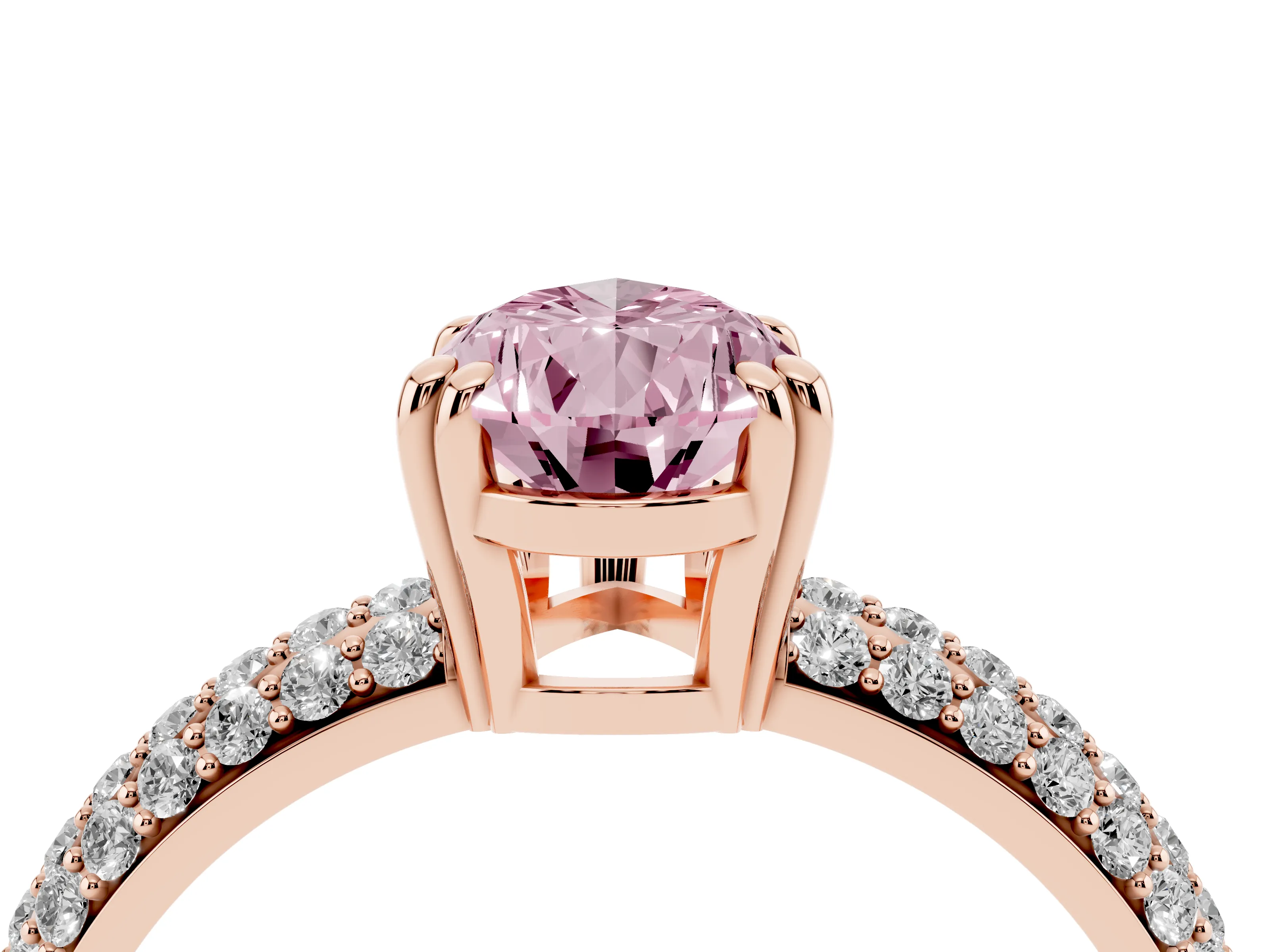 Fancy Pink Pear Cut Diamond Solitaire Ring Set in Rose gold with Multi-Row Round Pavé Band and Prong Setting
