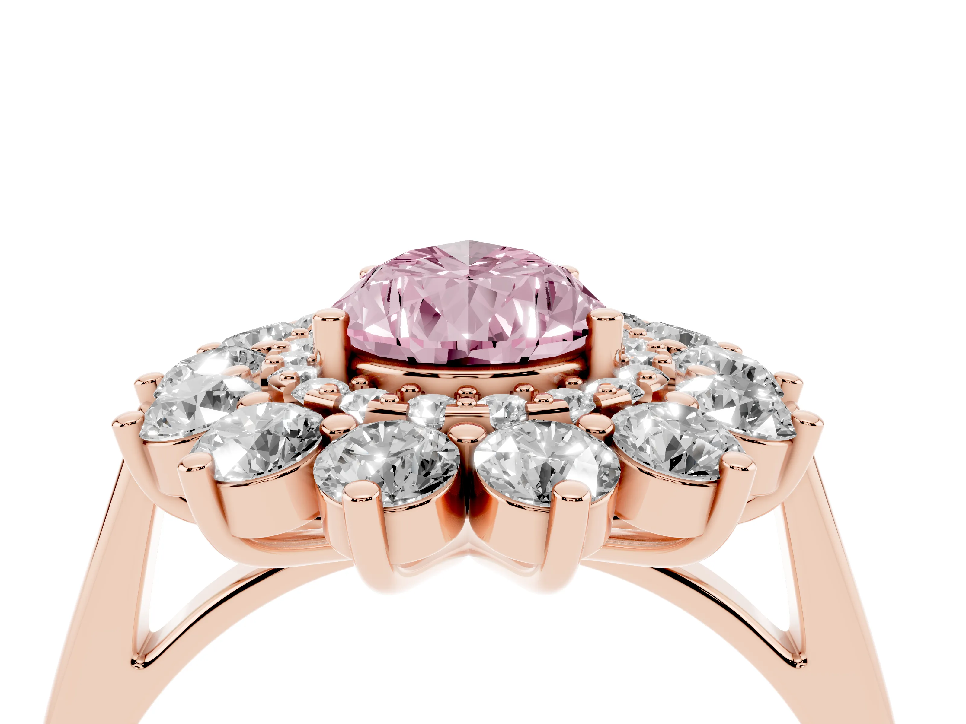 Fancy Pink Pear Cut Diamond Floral Double Halo Ring Set in Rose gold with Round Petals