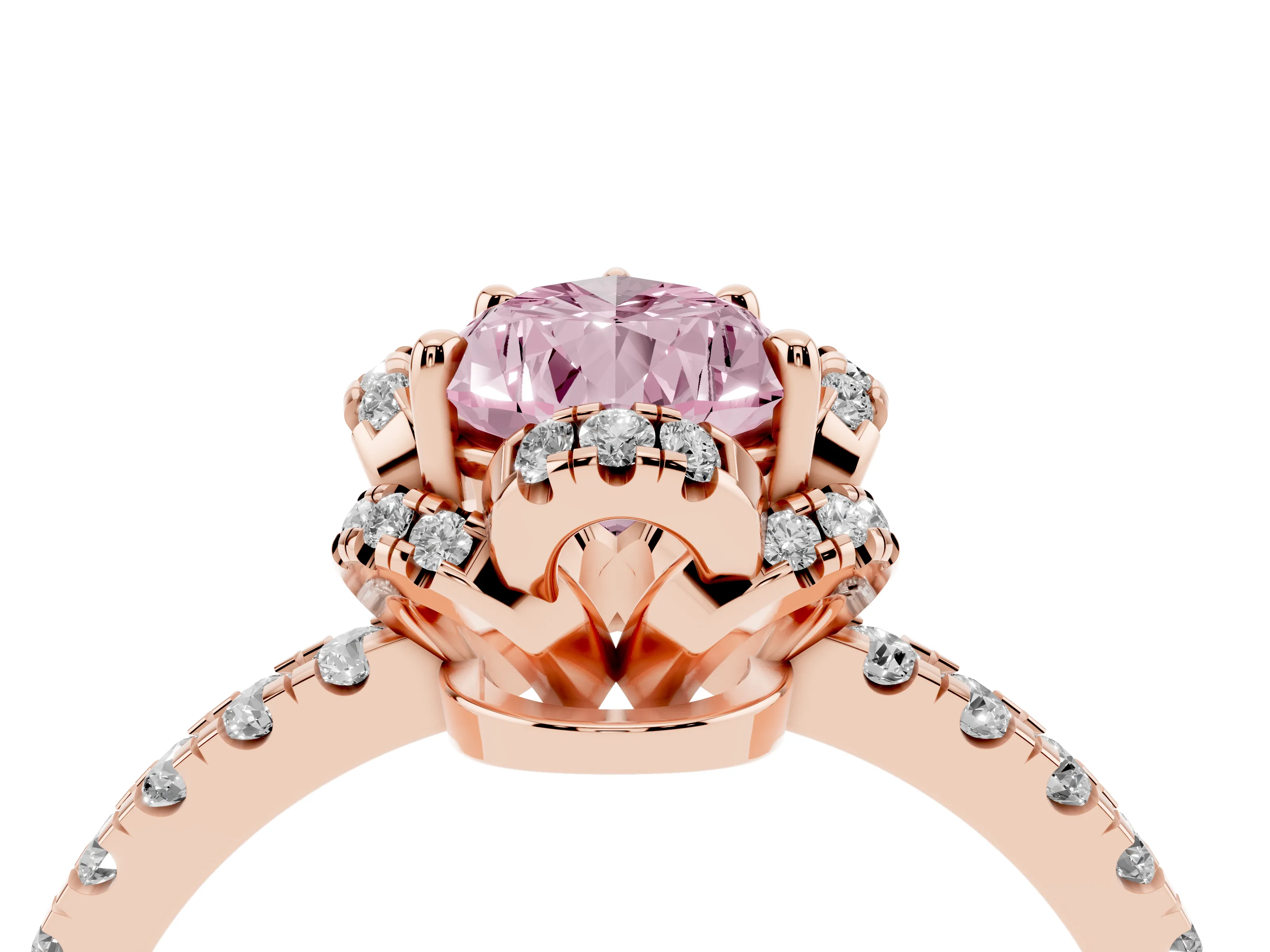 Fancy Pink Pear Cut Diamond Halo Pavé Band Ring Set in Rose gold with Prong-Held Center