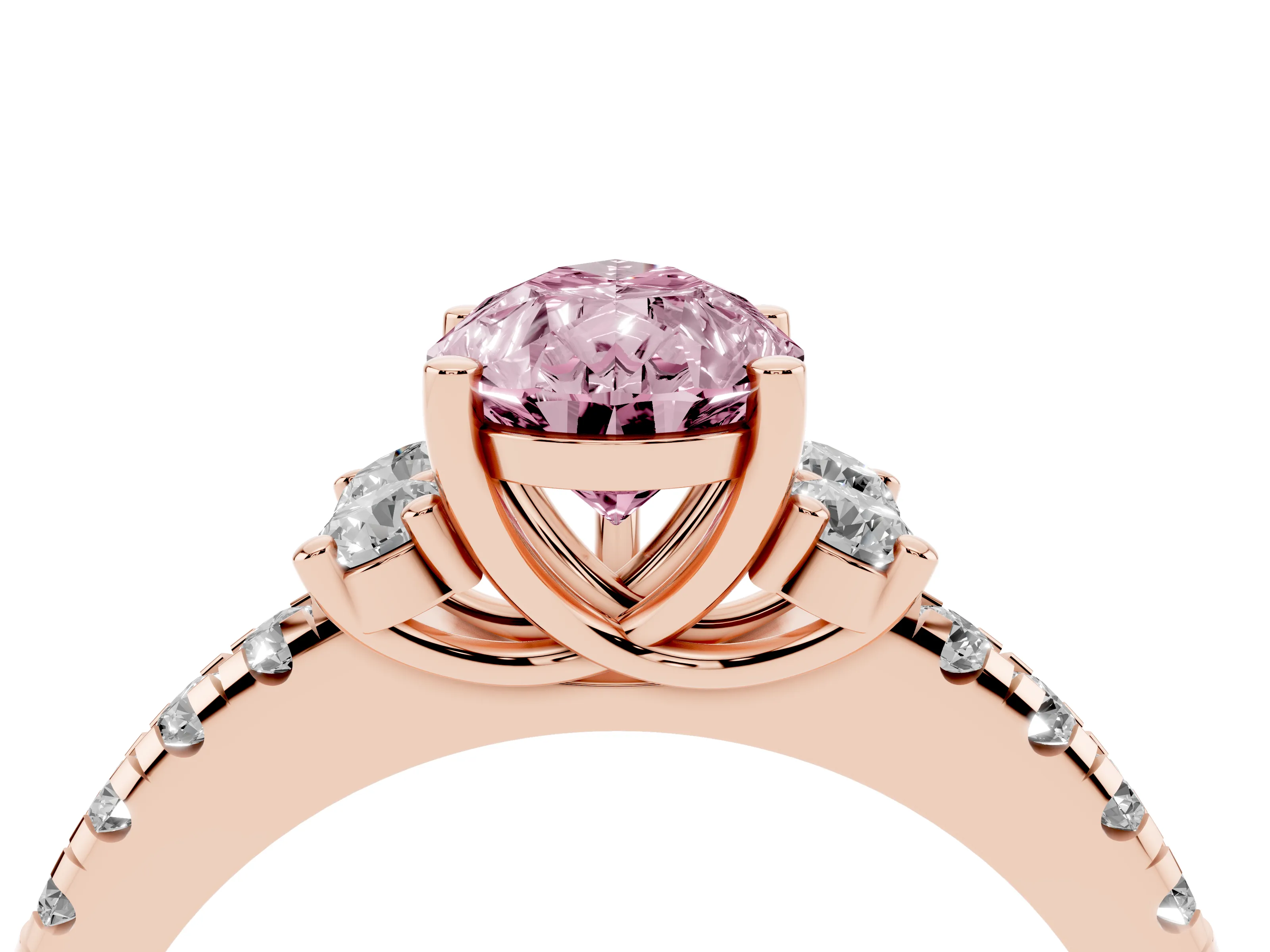 Fancy Pink Pear Cut Diamond Three-Stone Pavé Ring Set in Rose gold with Prong Setting