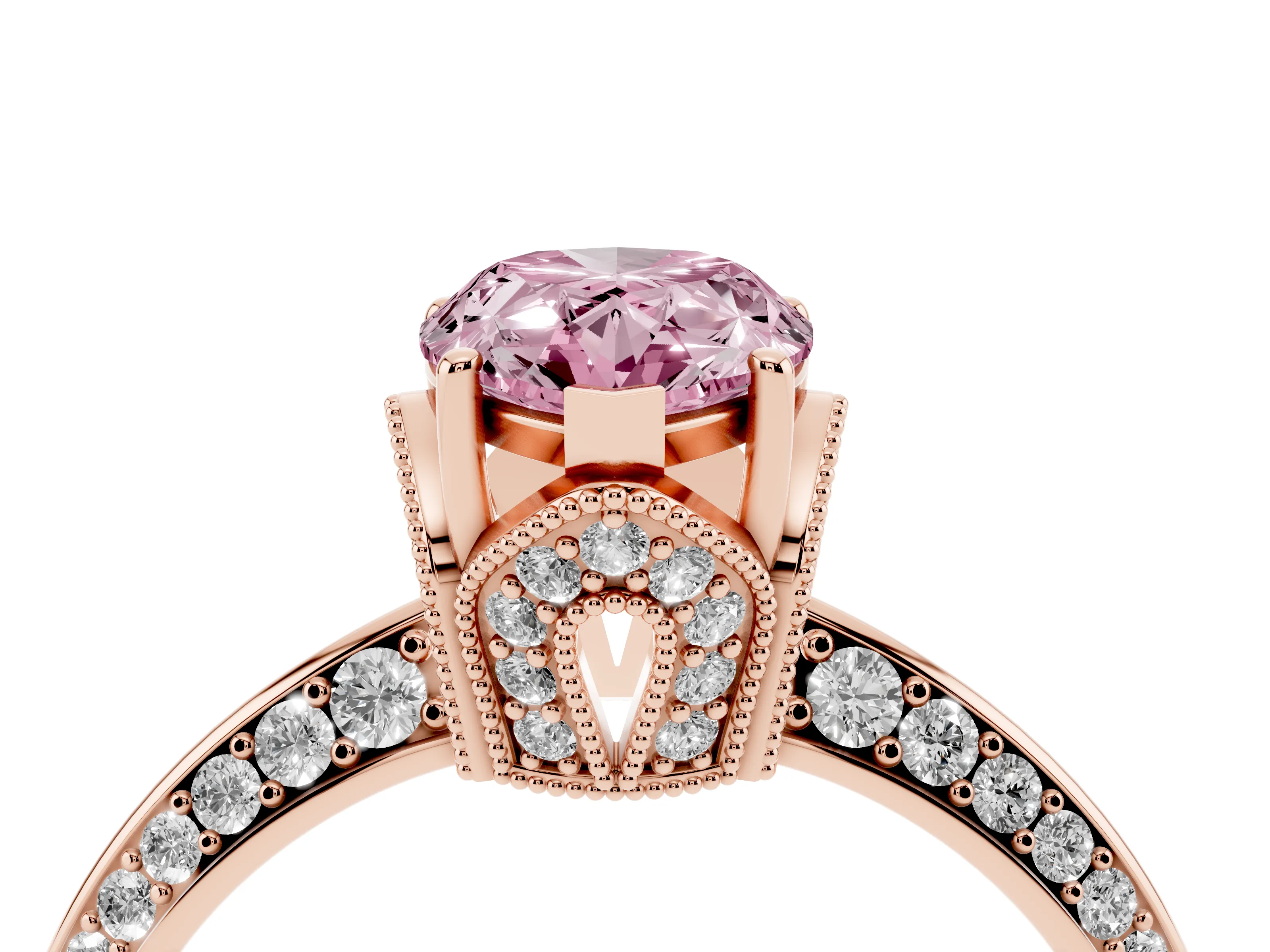Fancy Pink Pear Cut Diamond Solitaire Engagement Ring Set in Rose gold with Pavé Split Shank and Prong Setting