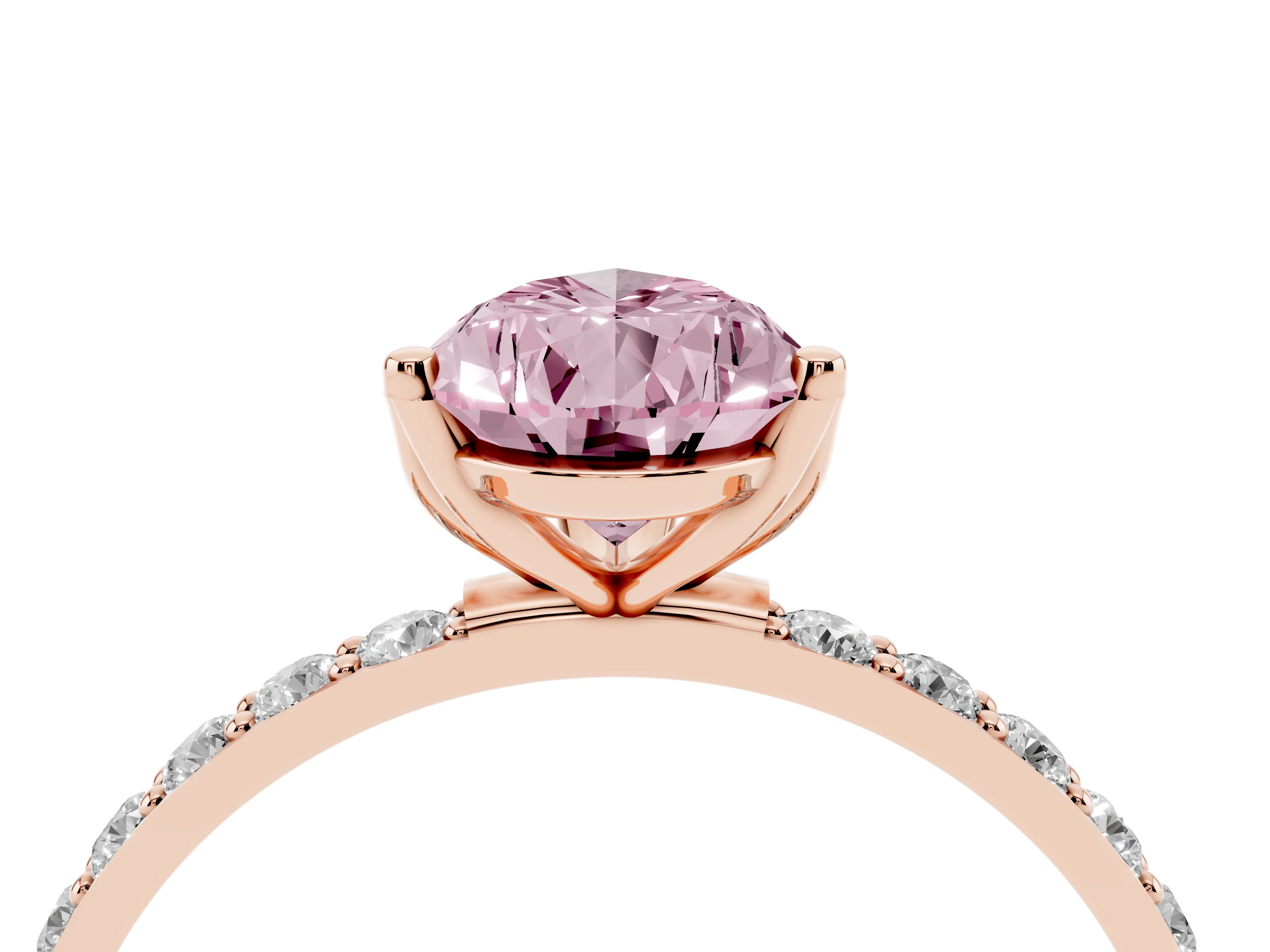 Fancy Pink Pear Cut Diamond Solitaire Engagement Ring Set in Rose gold with Round Pavé Band and Prong Setting