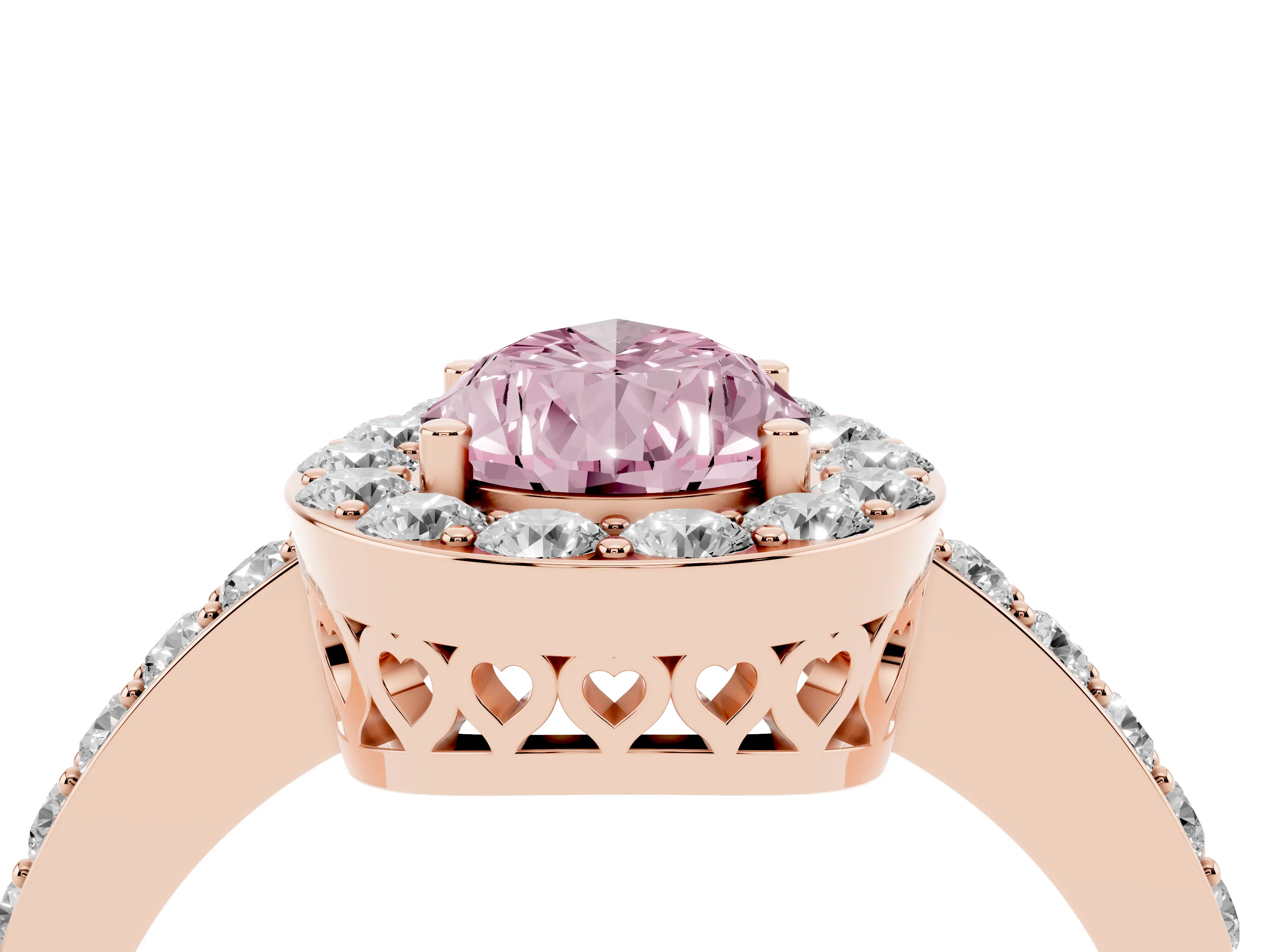Fancy Pink Pear Cut Diamond Halo Ring Set in Rose gold with Pavé-Setting Band and Open Prong Center