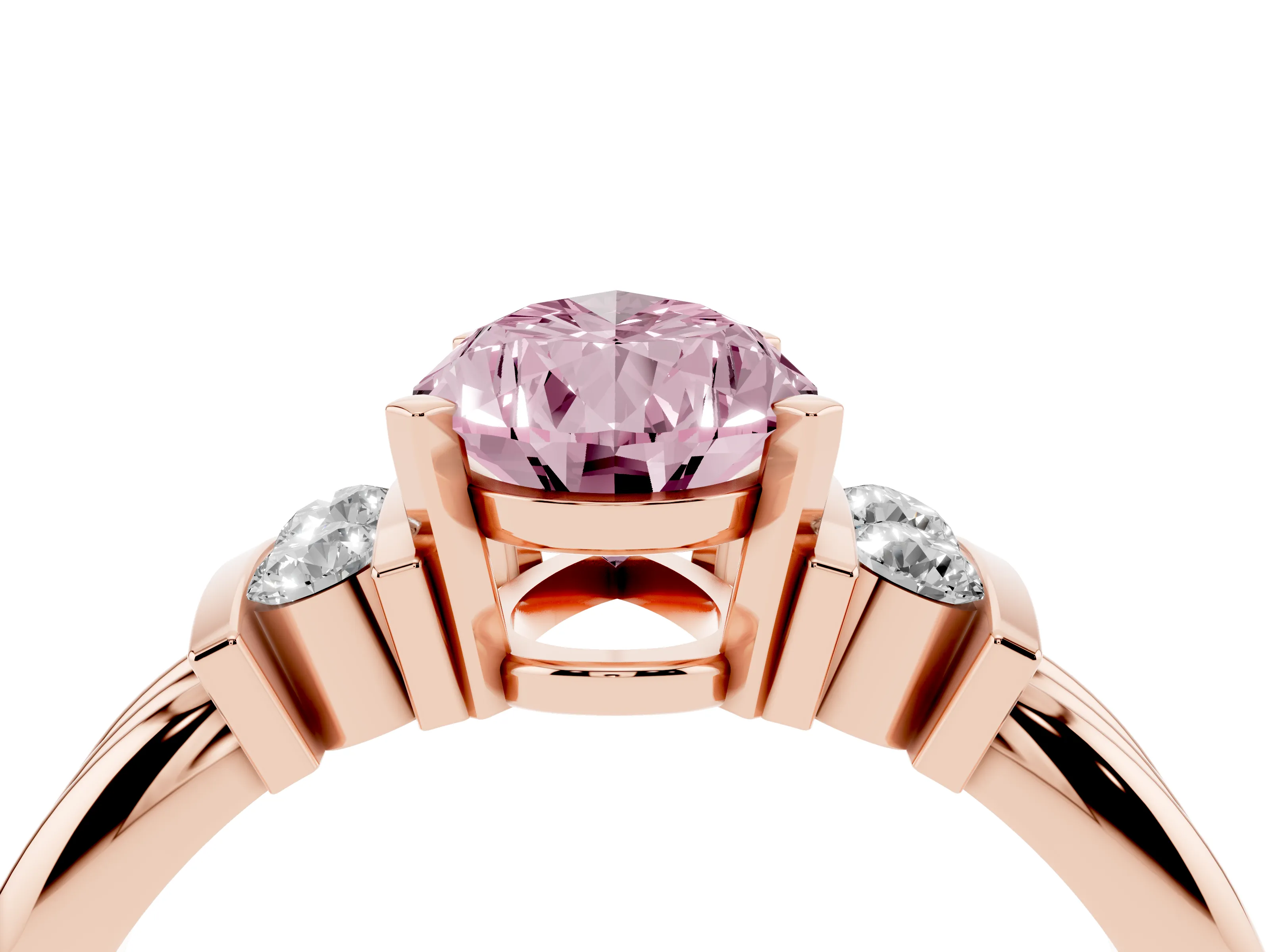Fancy Pink Three-Stone Pear Cut Diamond Channel Set Ring Set in Rose gold with Bar Prongs