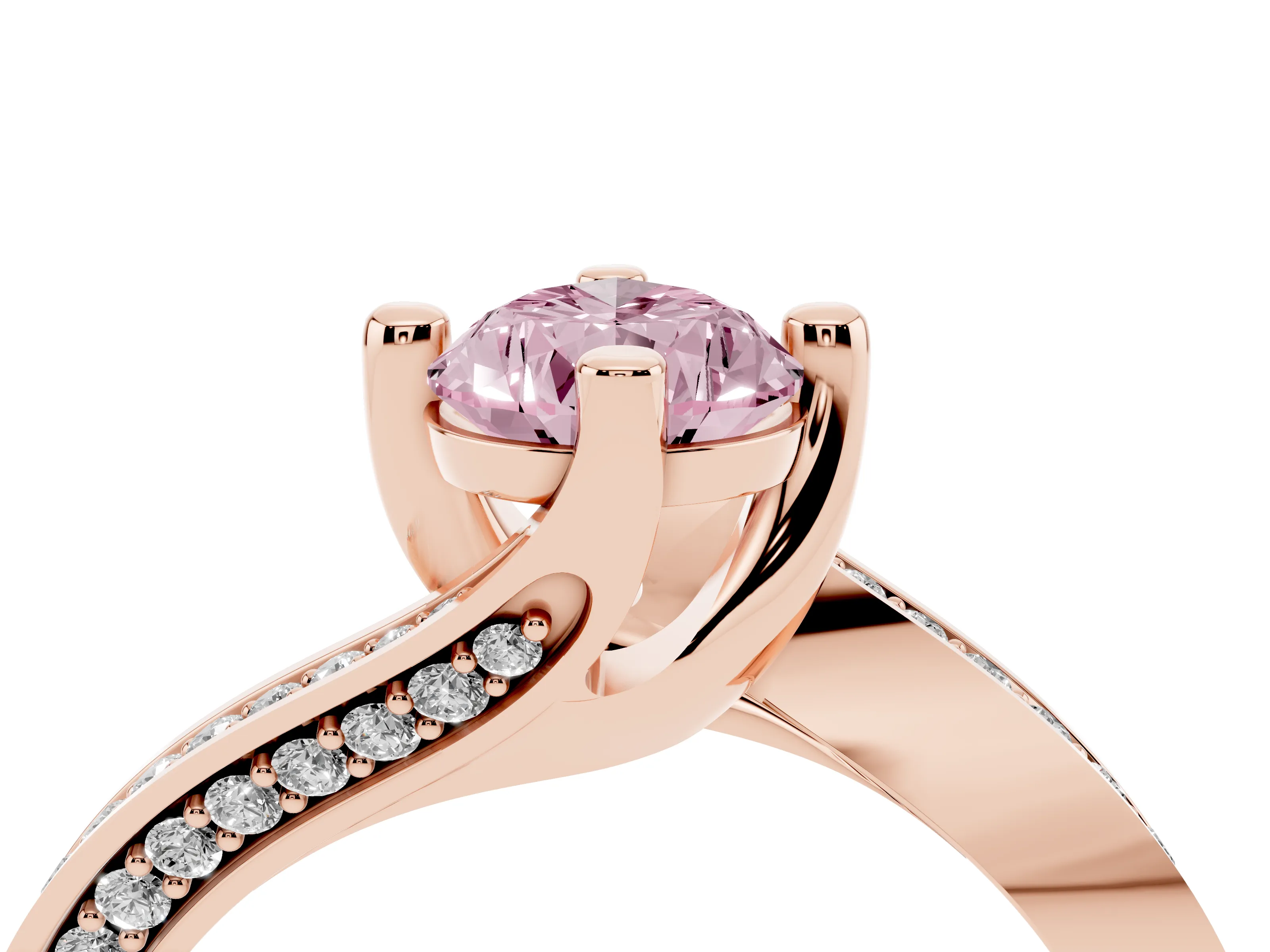 Fancy Pink Pear Cut Diamond Solitaire Ring Set in Rose gold with Intertwined Pavé Twist Band