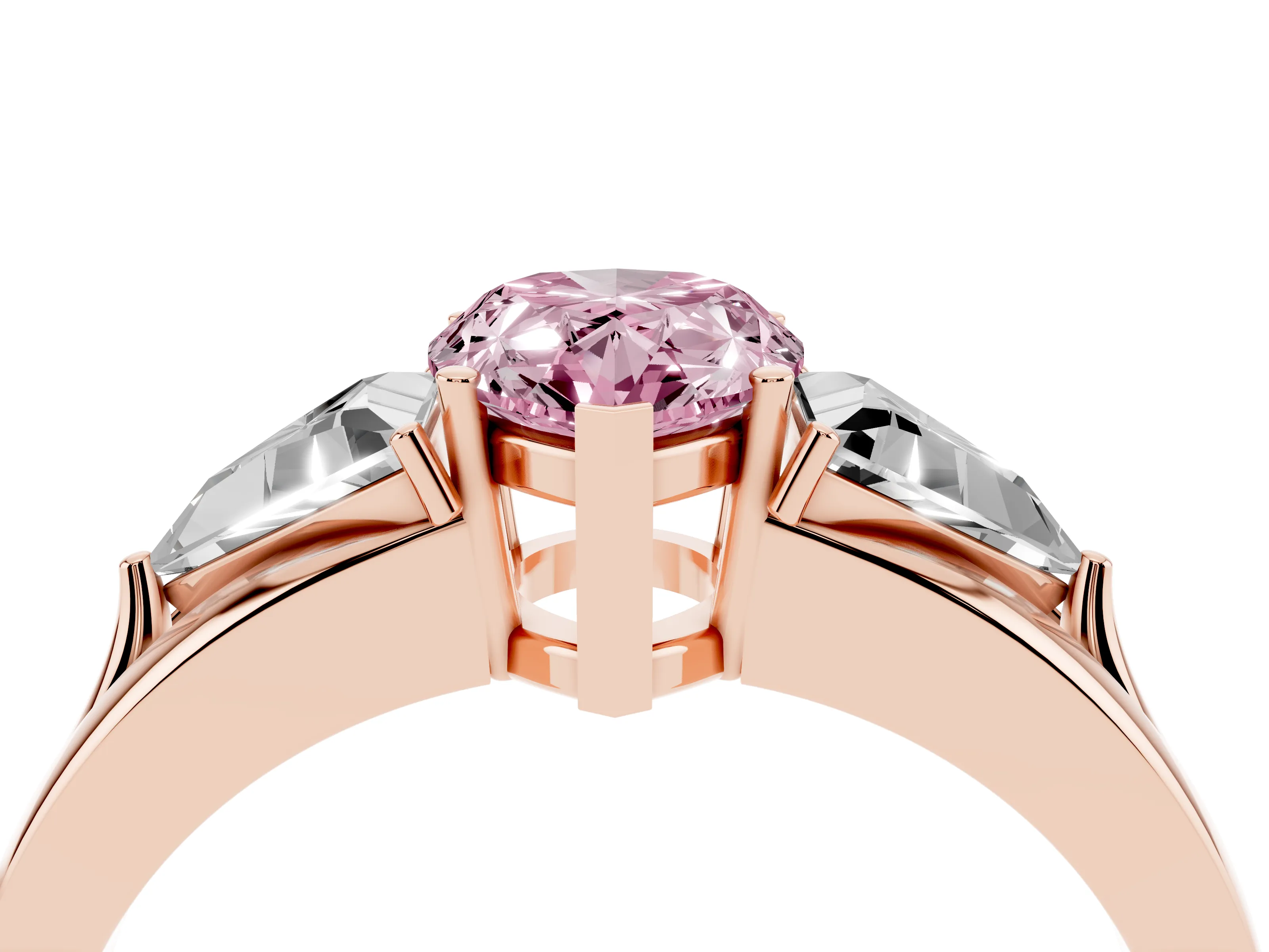 Fancy Pink Pear Cut Diamond Three-Stone Ring Set in Rose gold with Trillion Side Stones and Split Shank