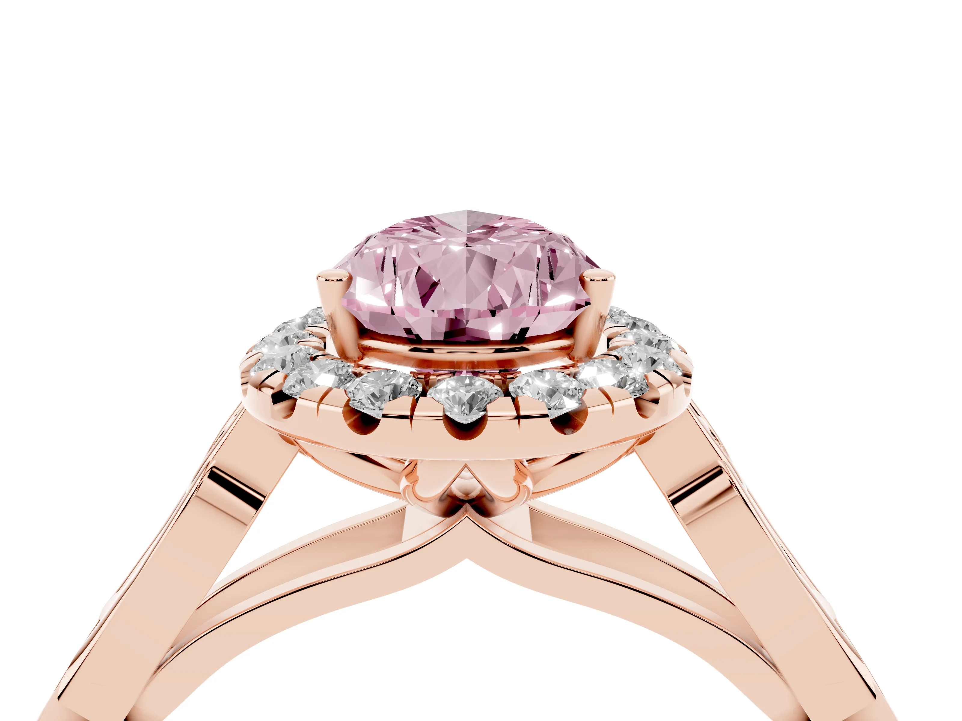 Fancy Pink Pear Cut Diamond Halo Engagement Ring Set in Rose gold with Filigree Band and Prong-Set Center