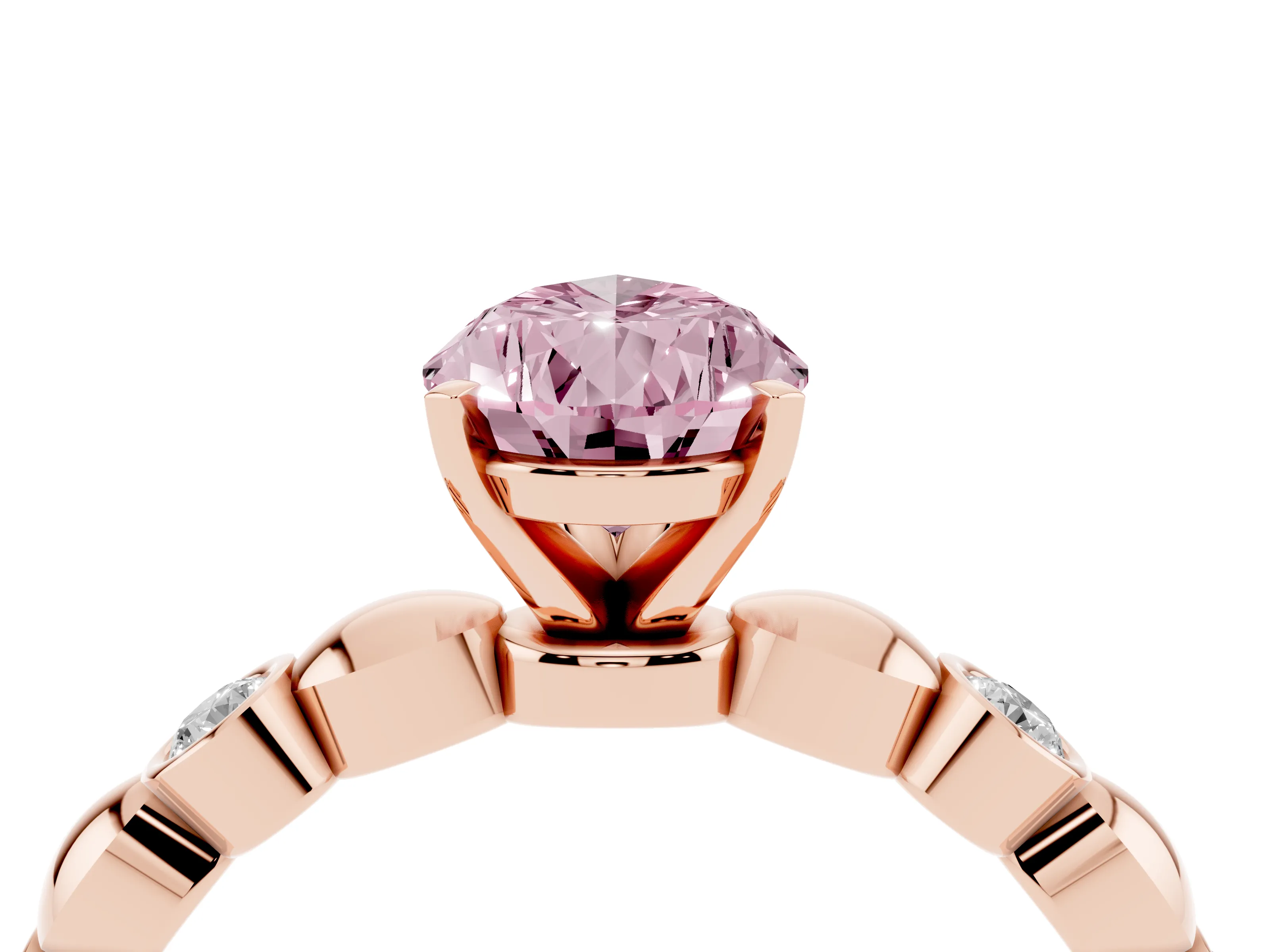 Fancy Pink Pear Cut Diamond Solitaire Ring Set in Rose gold with Bezel-Set Accents on Beaded Band and Prong Setting