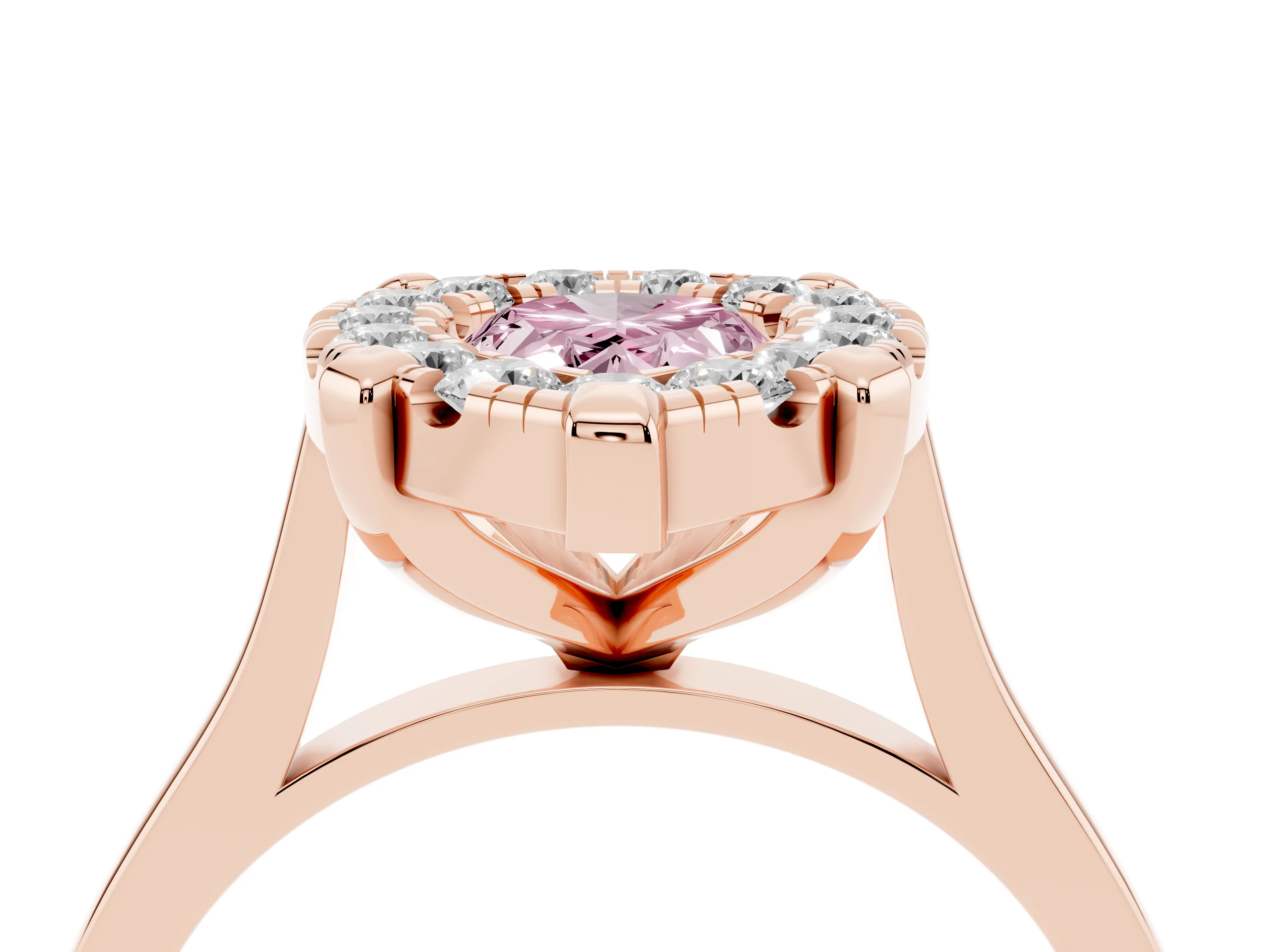 Fancy Pink Pear Cut Diamond Cluster Halo Solitaire Ring Set in Rose gold with Prong Setting