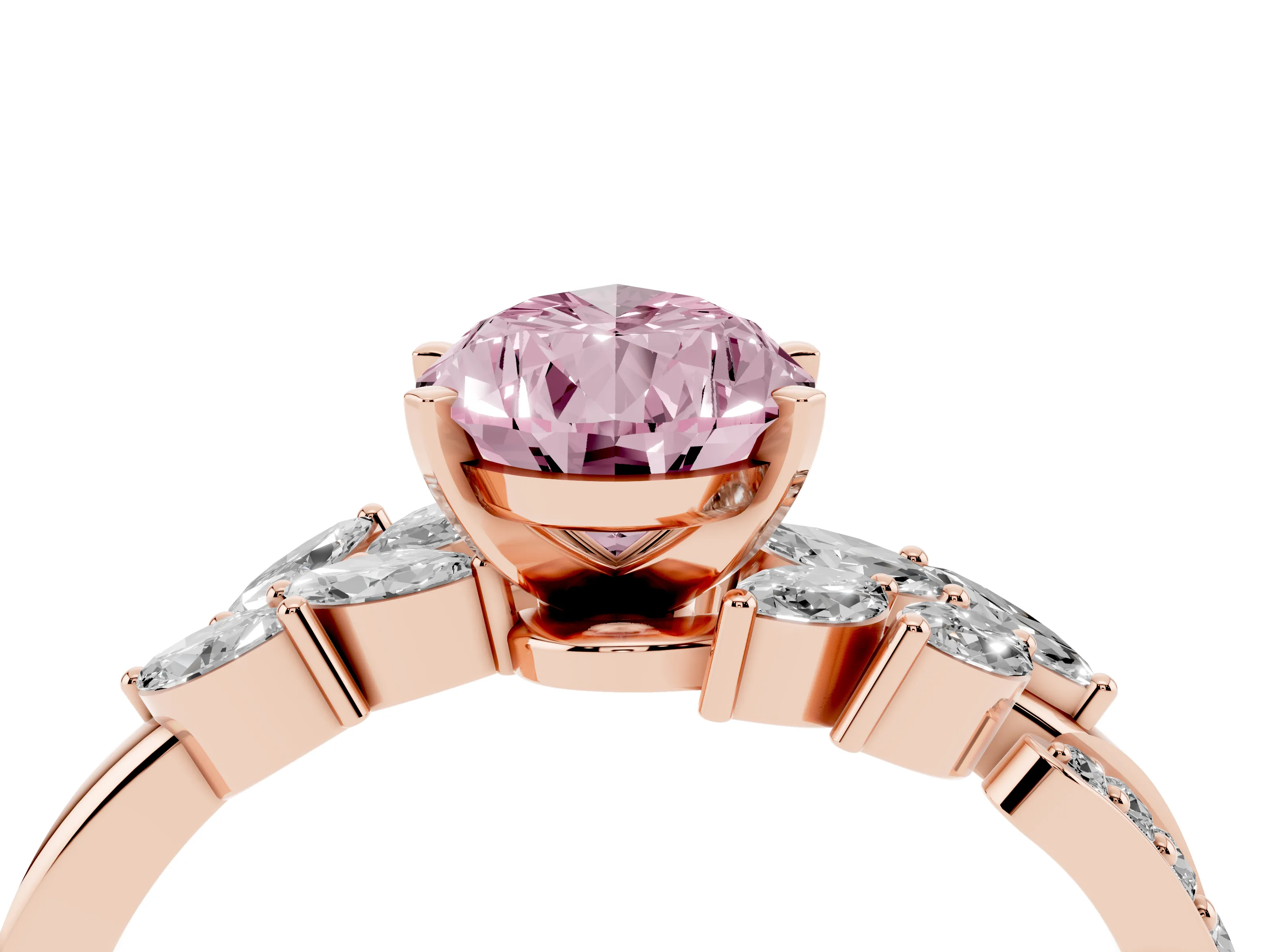 Fancy Pink Pear Cut Diamond Solitaire Ring Set in Rose gold with Marquise Twist Band and Prong Setting