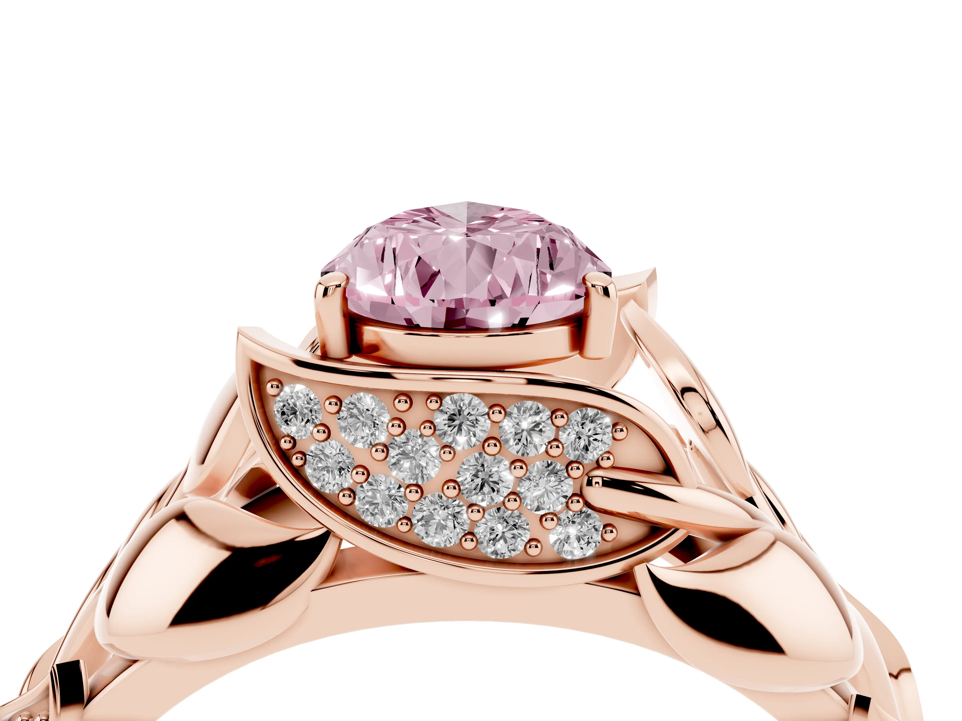Fancy Pink Pear Cut Diamond Leaf-Inspired Engagement Ring Set in Rose gold with Round Accents