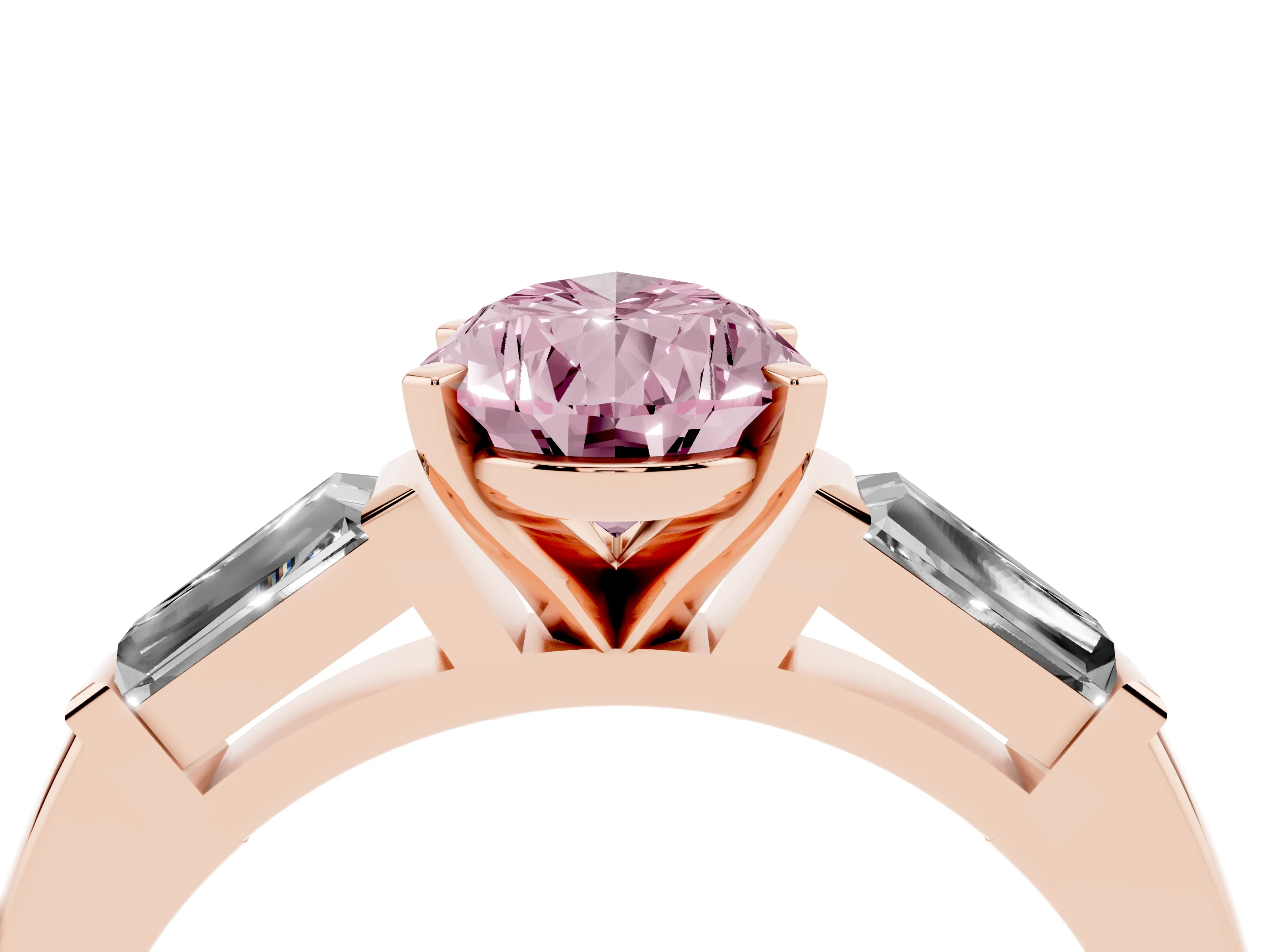 Fancy Pink Pear Cut Diamond Solitaire Ring Set in Rose gold with Tapered Baguette Side Stones and Prong Setting