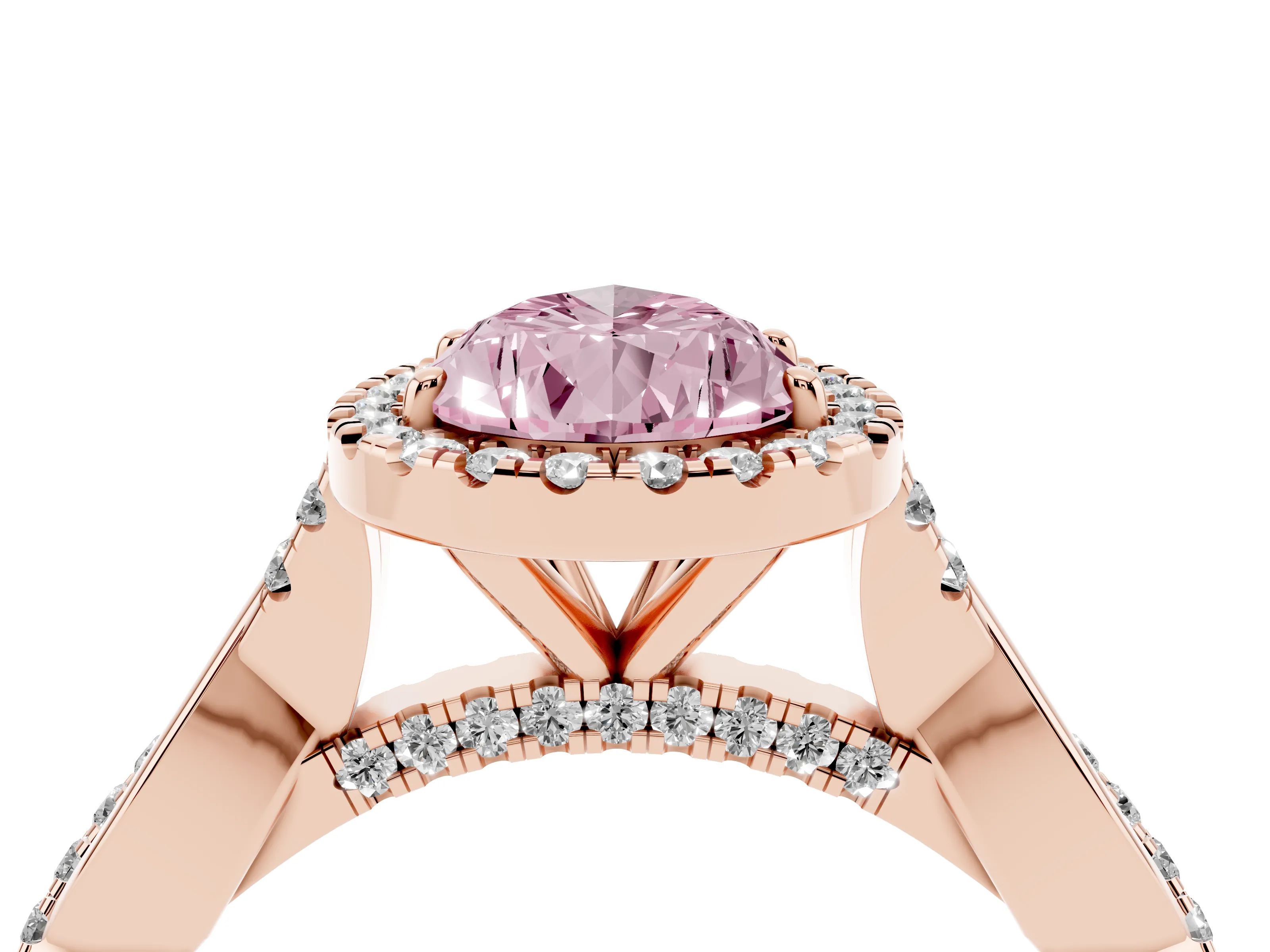 Fancy Pink Pear Cut Diamond Halo Twist Band Solitaire Ring Set in Rose gold with Prong Setting