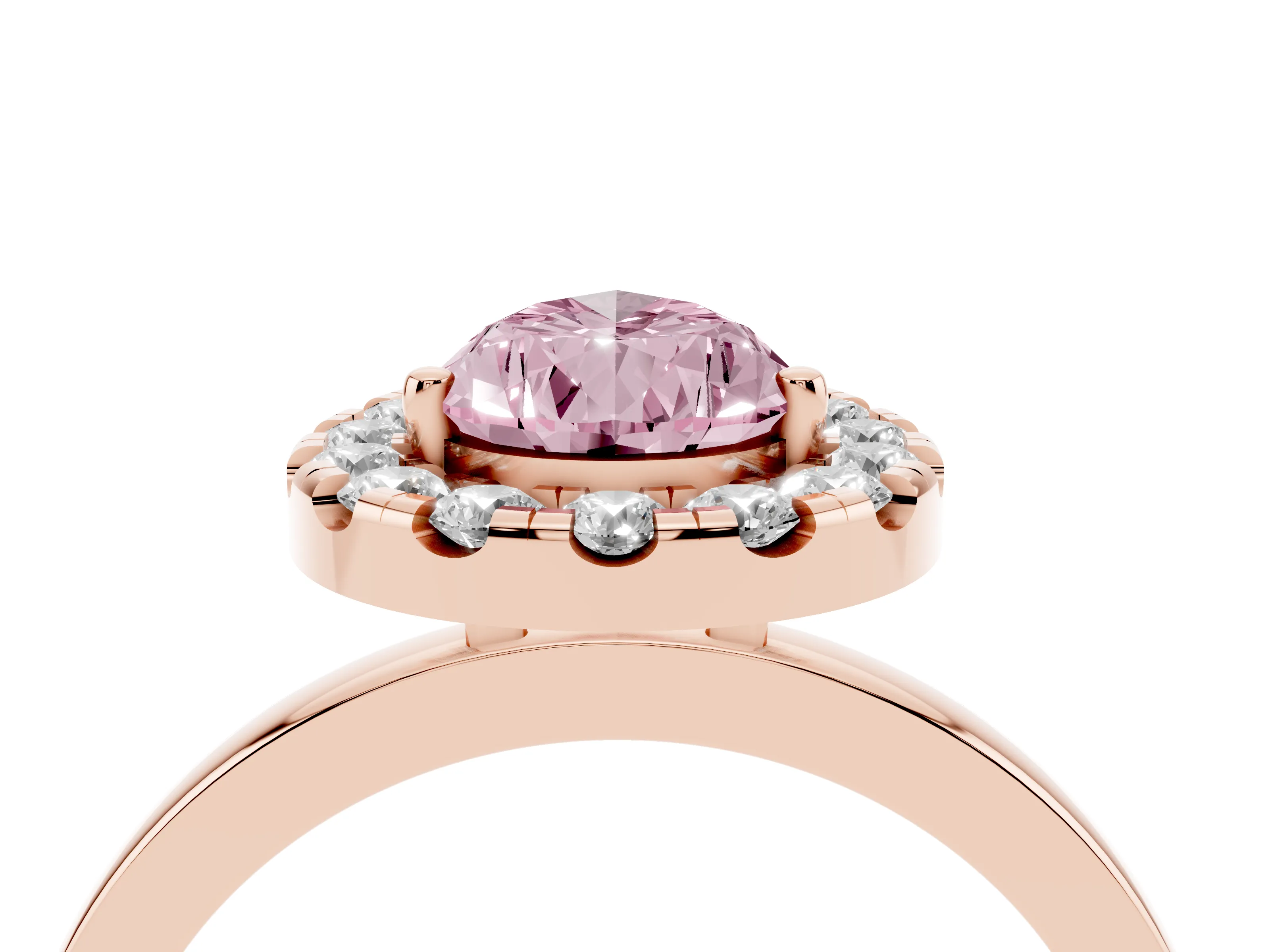 Fancy Pink Pear Cut Diamond Halo Solitaire Ring Set in Rose gold with Pavé Band and Prong Setting