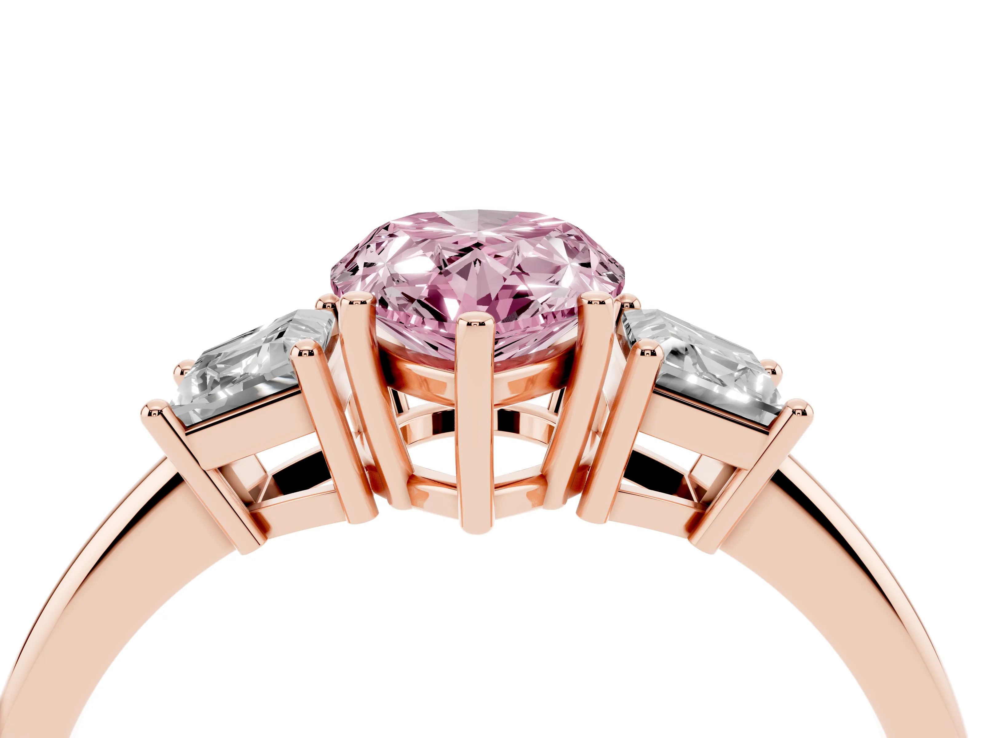 Fancy Pink Pear Cut Diamond Three-Stone Ring Set in Rose gold with Trapezoid Side Stones and Prong Setting