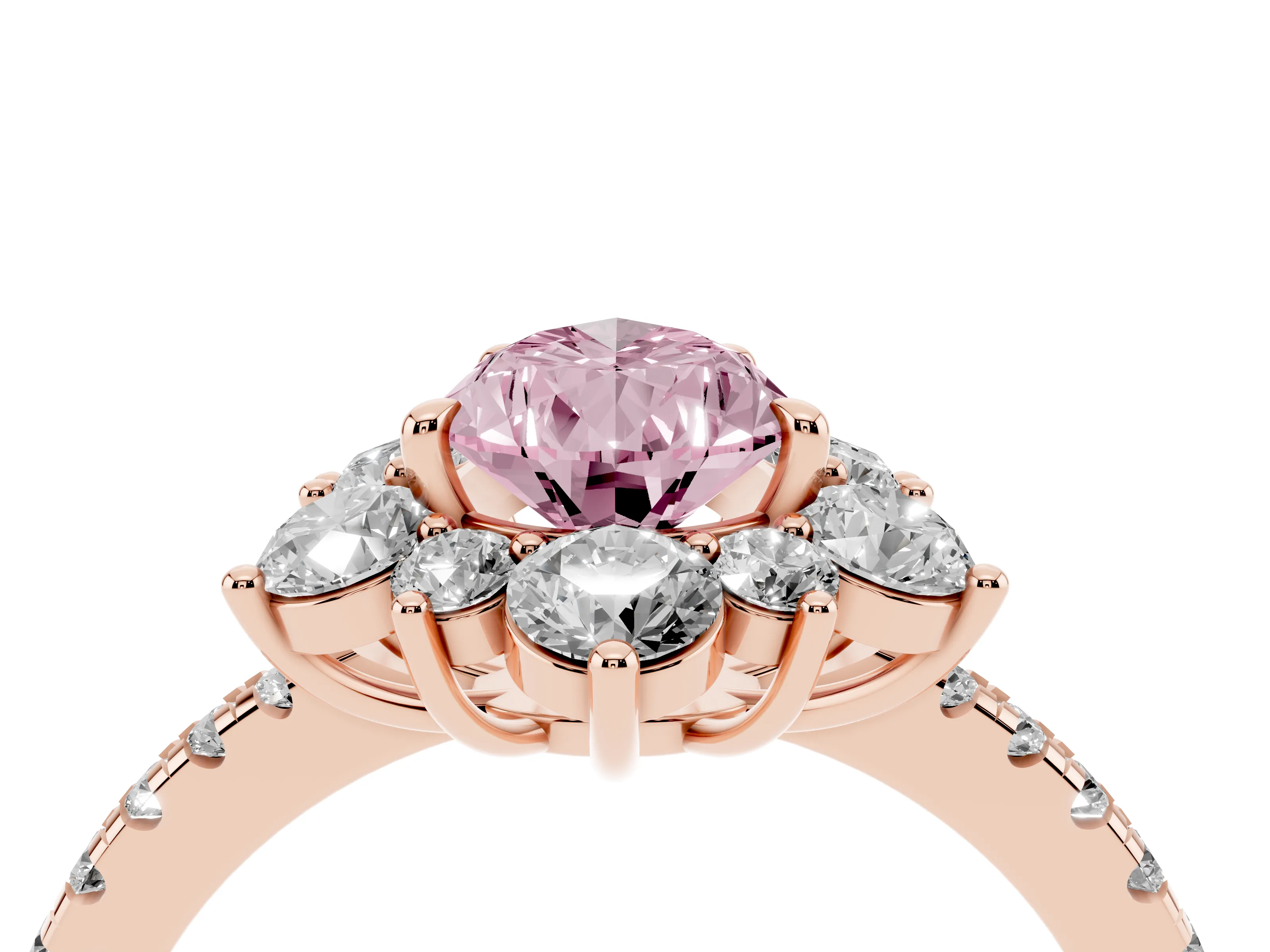 Fancy Pink Pear Cut Diamond Floral Halo Ring Set in Rose gold with Round Pavé Band and Prong Setting