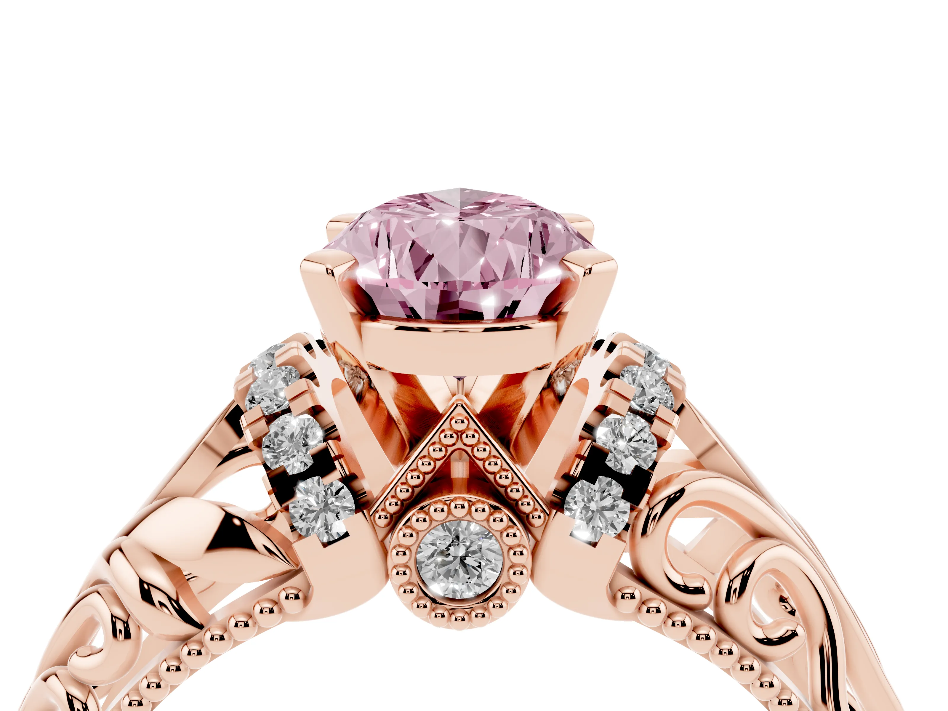 Fancy Pink Pear Cut Diamond Filigree Halo Engagement Ring Set in Rose gold with Prong Setting