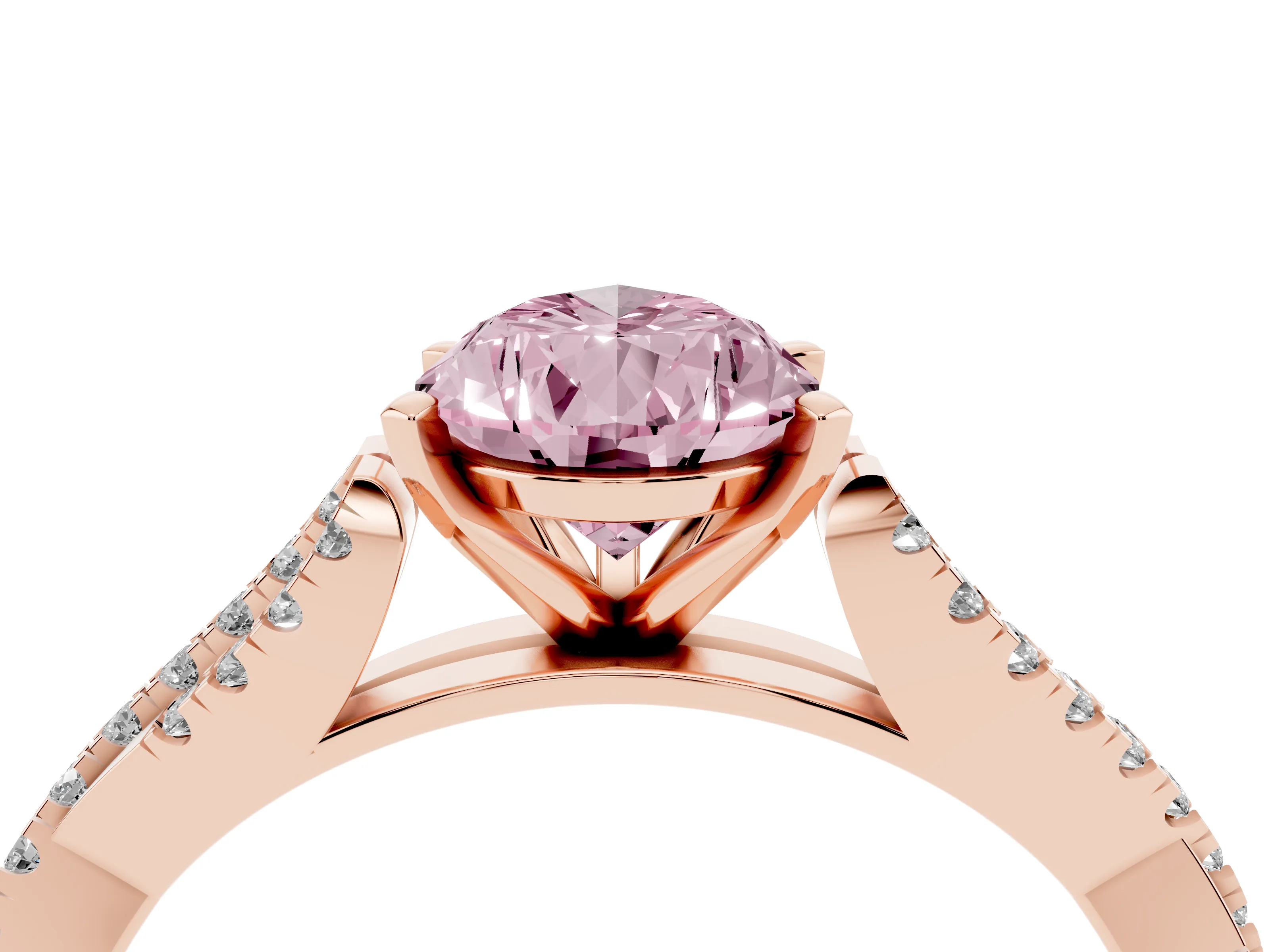 Fancy Pink Pear Cut Diamond Solitaire Engagement Ring Set in Rose gold with Twisted Pavé Band and Prong Setting
