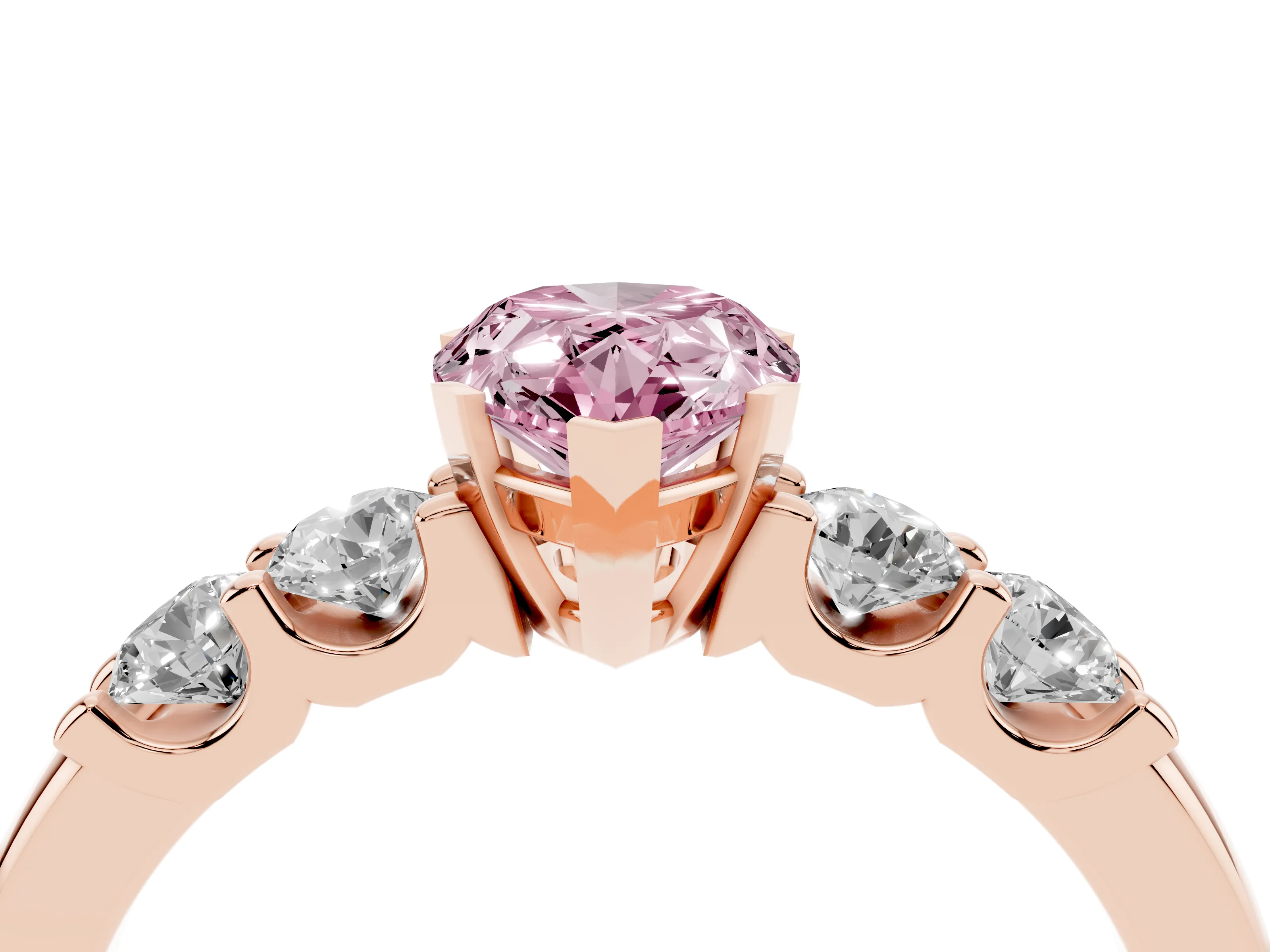 Fancy Pink Pear Cut Diamond Five-Stone Prong Set Engagement Ring Set in Rose gold with Channel Band