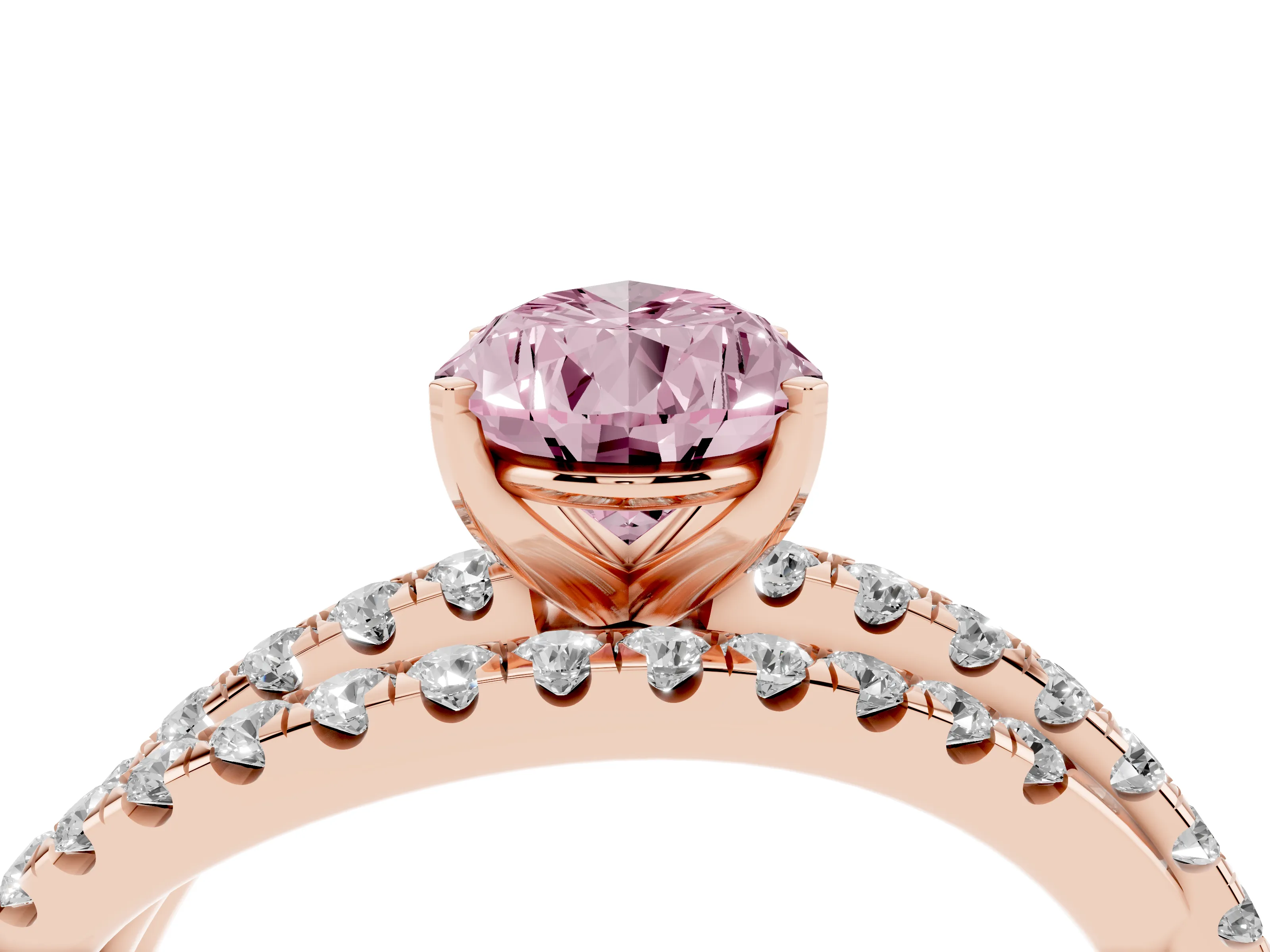 Fancy Pink Pear Cut Diamond Solitaire Twist Band Ring Set in Rose gold with Pavé Setting and Prong Head