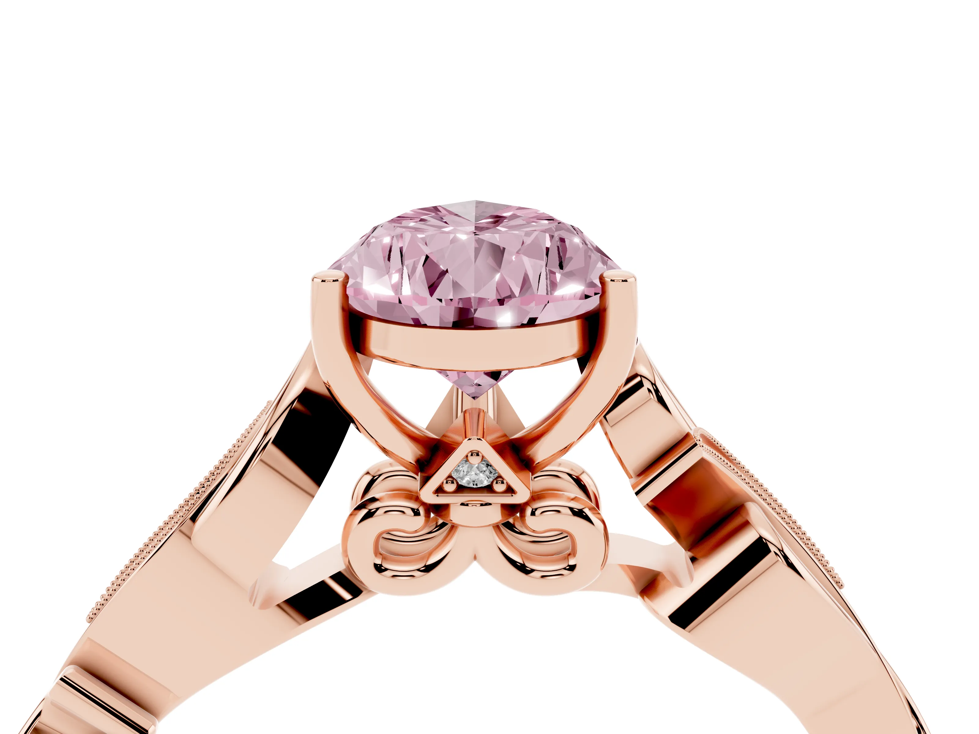 Fancy Pink Pear Cut Diamond Vine Band Solitaire Ring Set in Rose gold with Milgrain Prong Setting