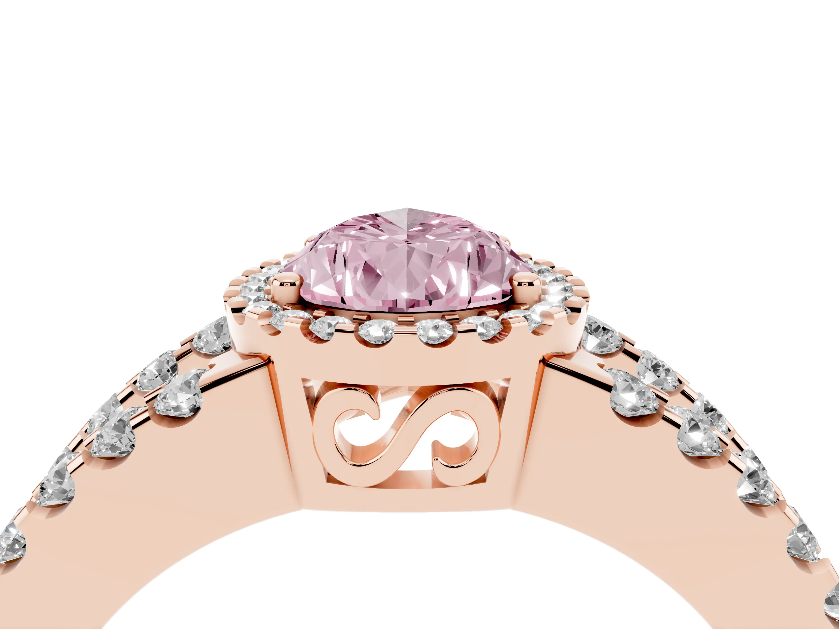 Fancy Pink Pear Cut Diamond Halo Ring Set in Rose gold with Pavé Split Shank and Prong Setting