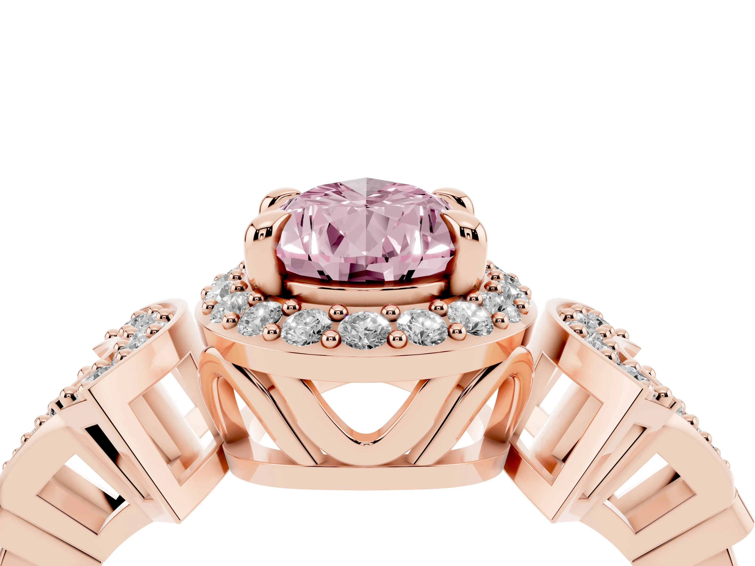 Fancy Pink Pear Cut Diamond Halo Engagement Ring Set in Rose gold with Accent Stone Split Shank